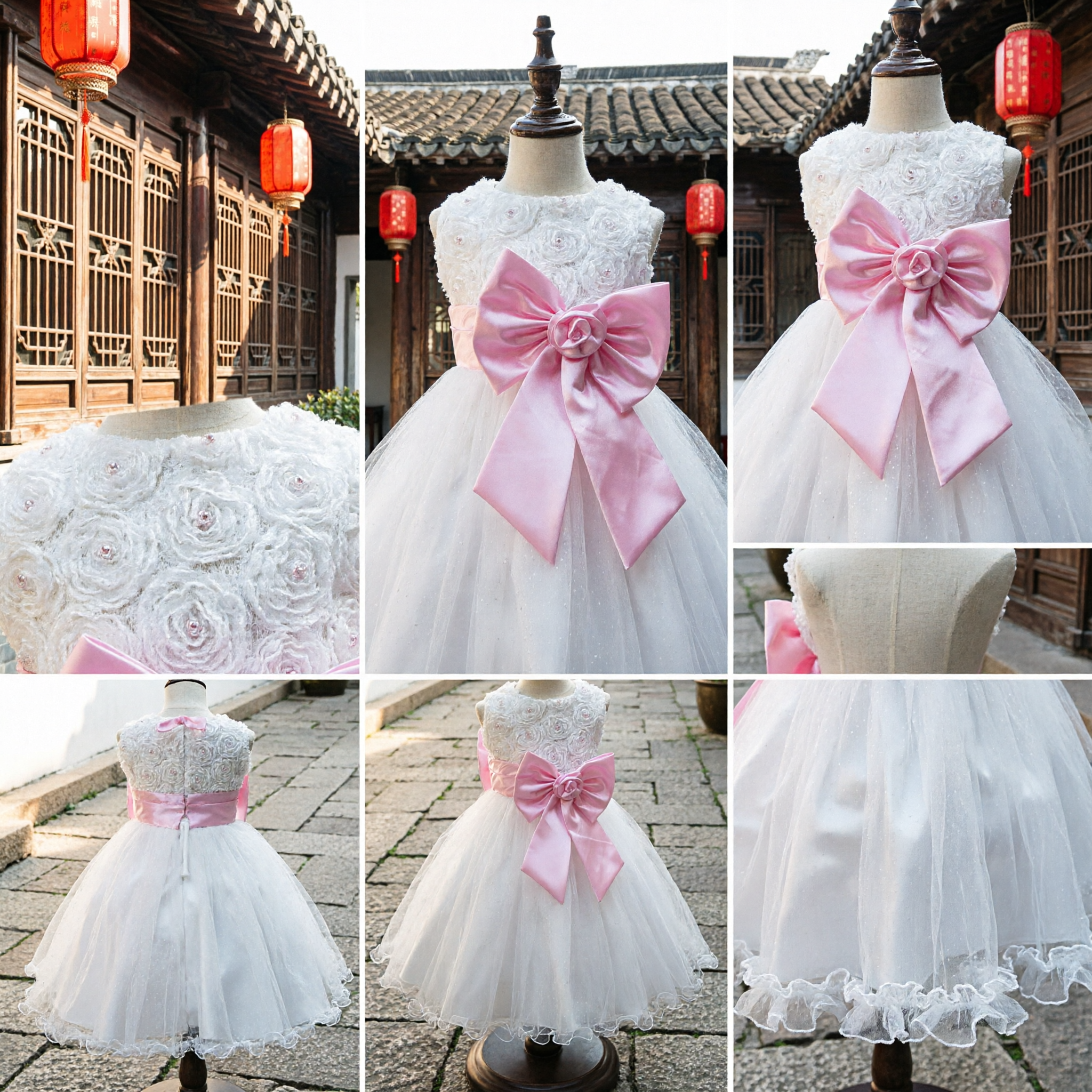 Elegant White Princess Flower Girl Dress with Large Pink Satin Bow Tulle Skirt for Weddings and Parties