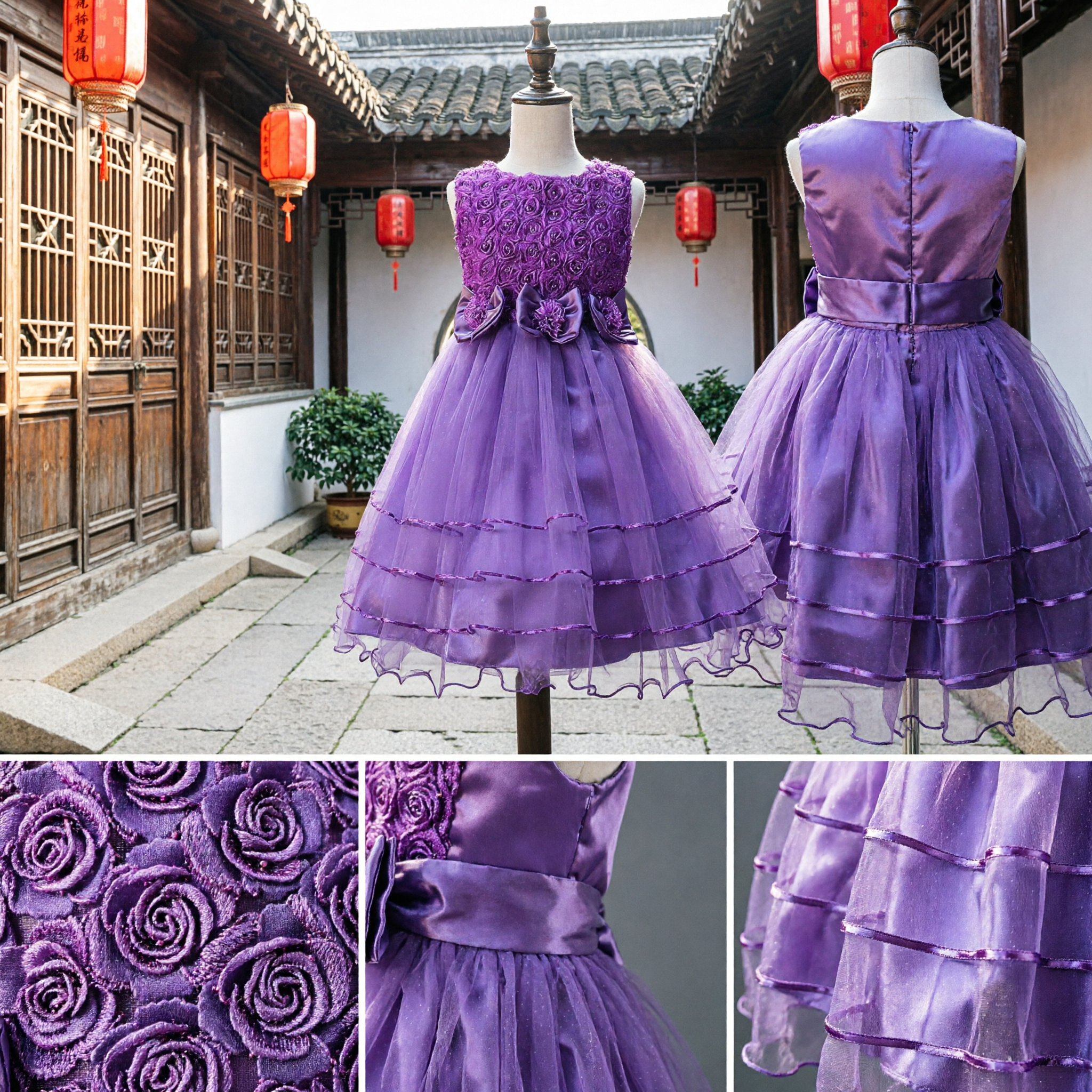 Purple Sleeveless 3D Rosette Bodice Tulle Tutu Dress for Girls Wedding Flower Girl Party Gown