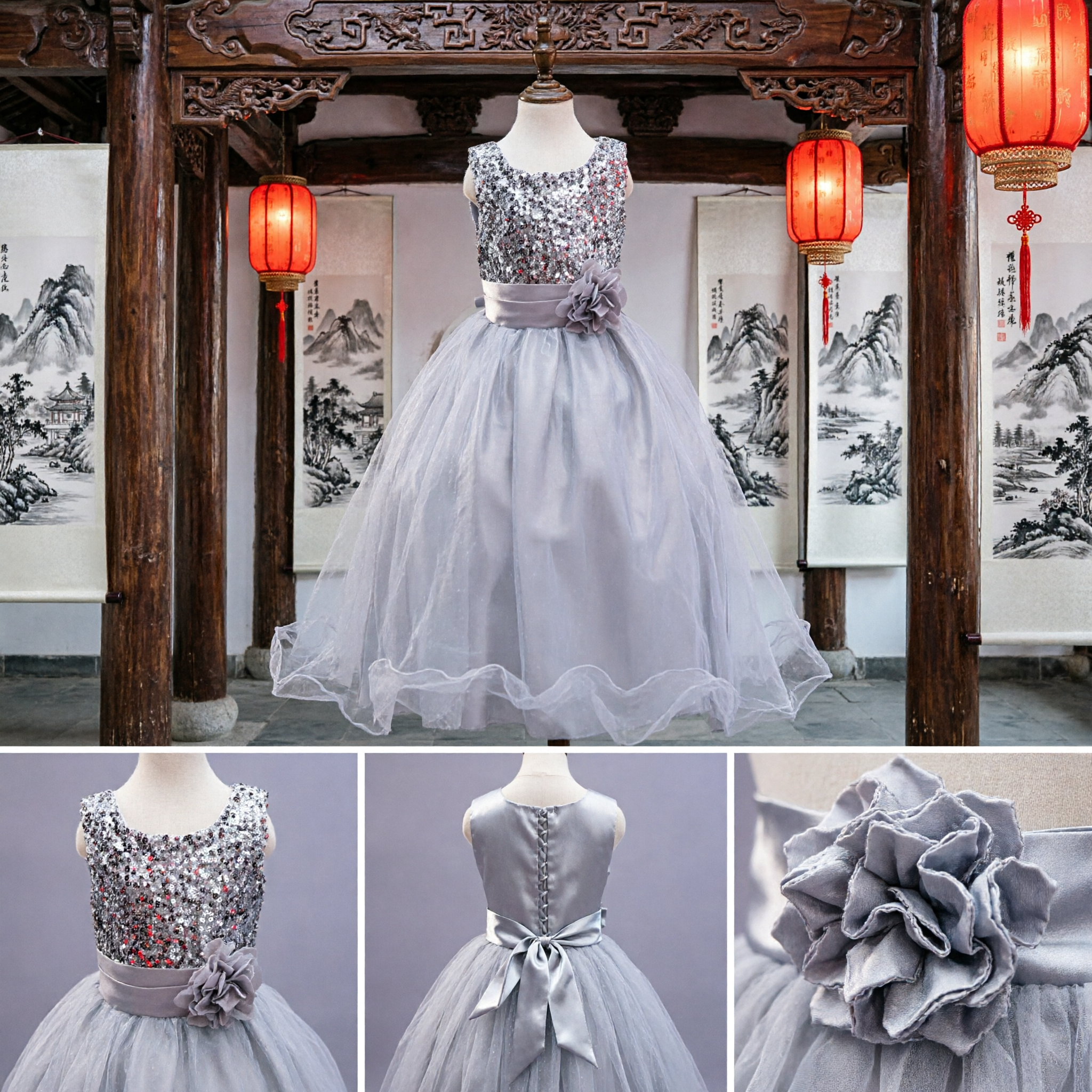 Girls Silver Sequin Flower Girl Dress Long Tulle Ball Gown for Wedding Pageant Party