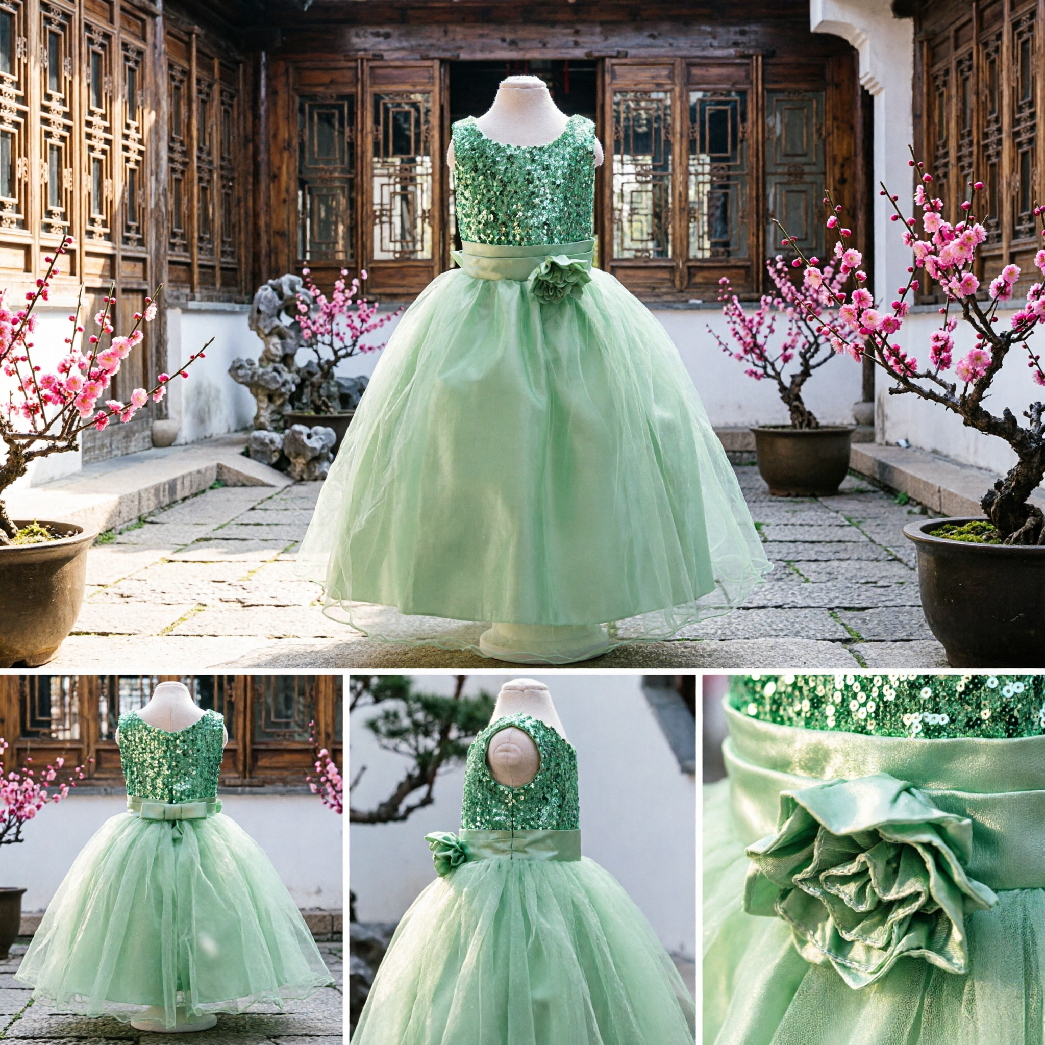 Girls Green Sequin Flower Girl Dress Sleeveless Tulle Ball Gown Pageant Wedding Party Costume