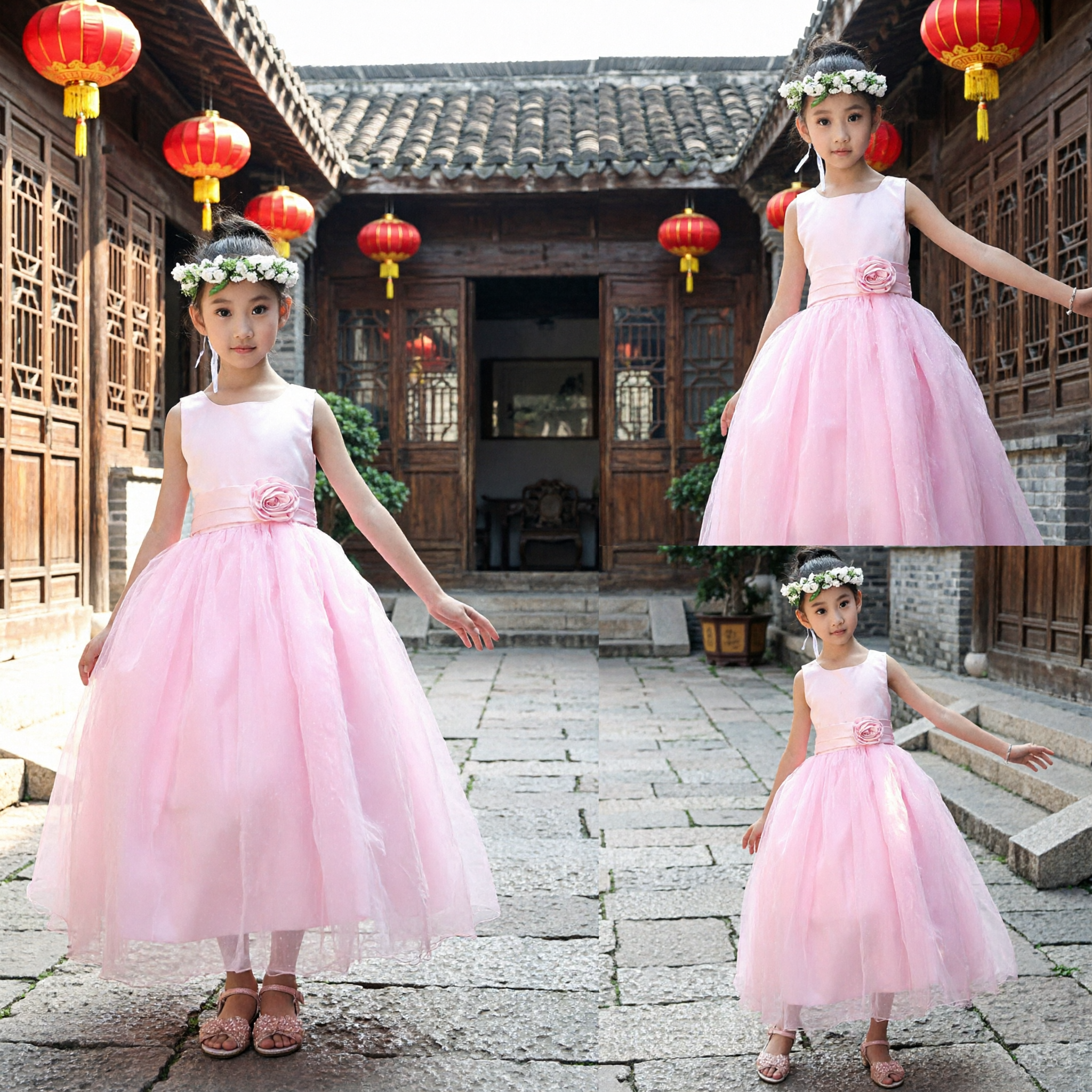 Elegant Pink Sleeveless Tulle Princess Dress for Girls Flower Girl Wedding Party Formal Gown