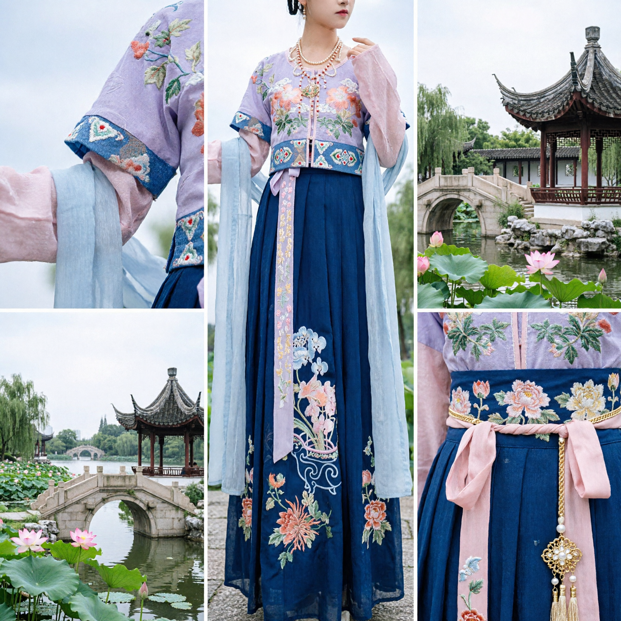 Traditional Chinese Hanfu Costume Women Purple Floral Embroidery Top Blue Skirt Set for Ancient Performance