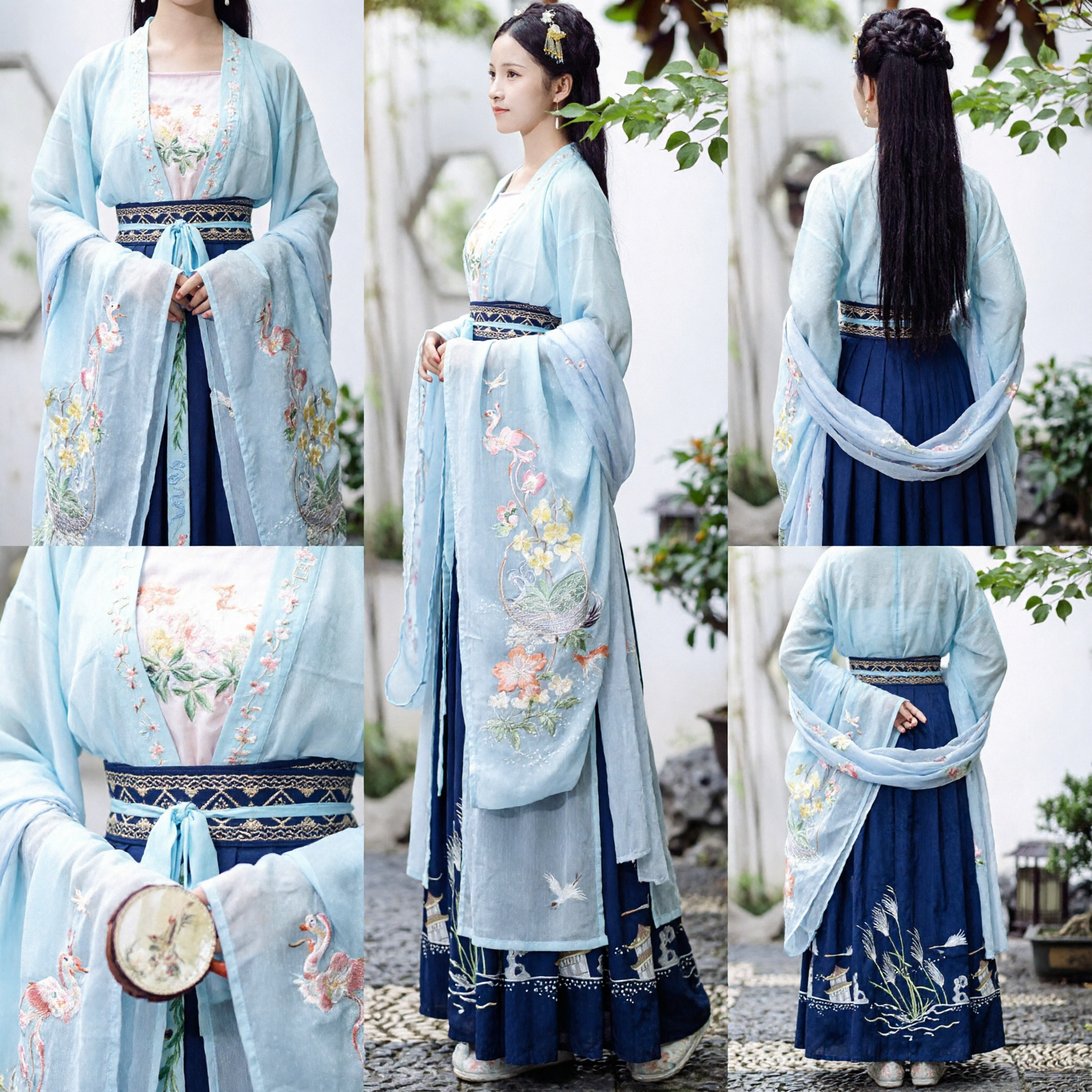 Traditional Chinese Hanfu Costume for Women Song Dynasty Style Embroidered Light Blue Robe and Navy Skirt Set