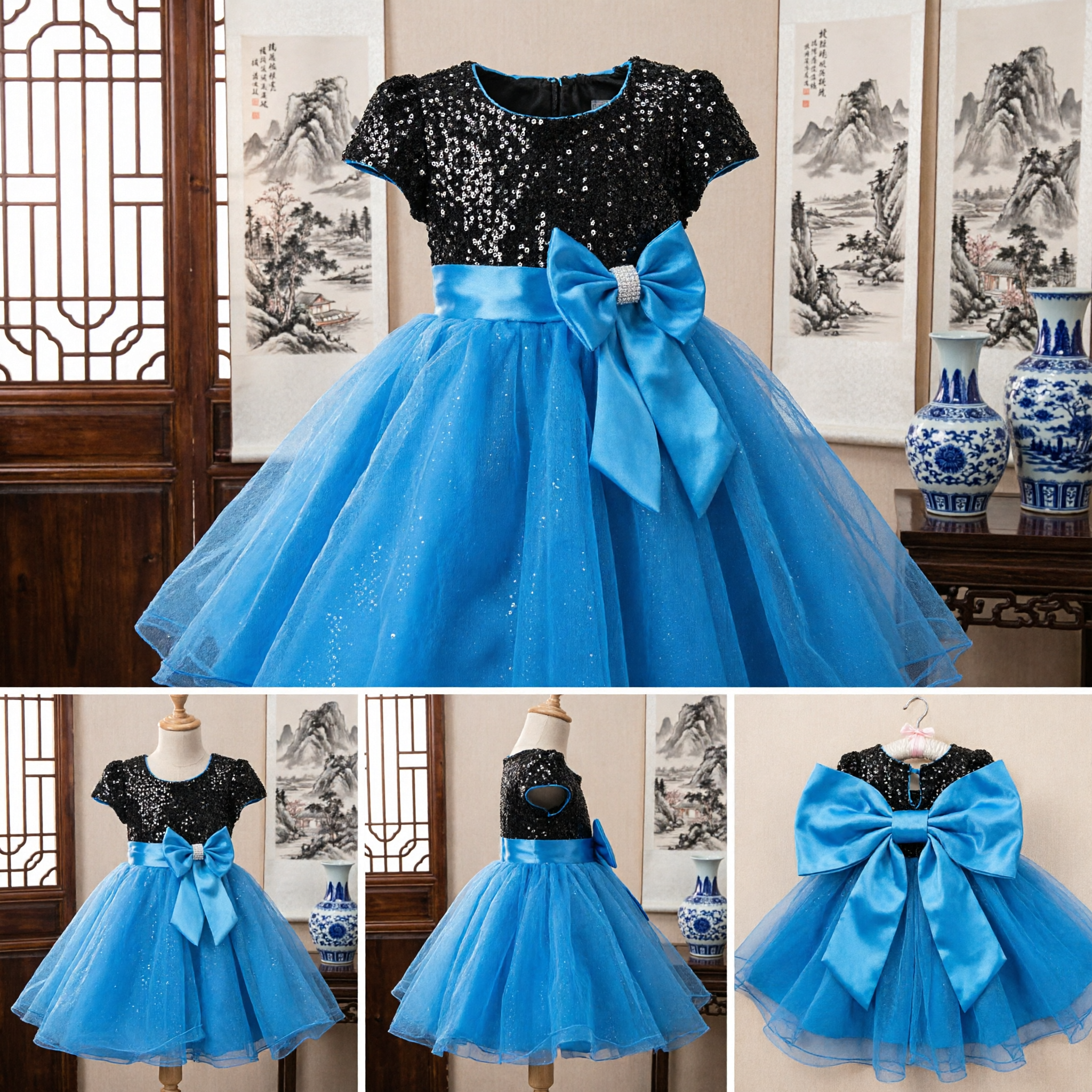 Elegant Girls Formal Dress Black Sequin Bodice Blue Tulle Skirt Big Bow Party Gown