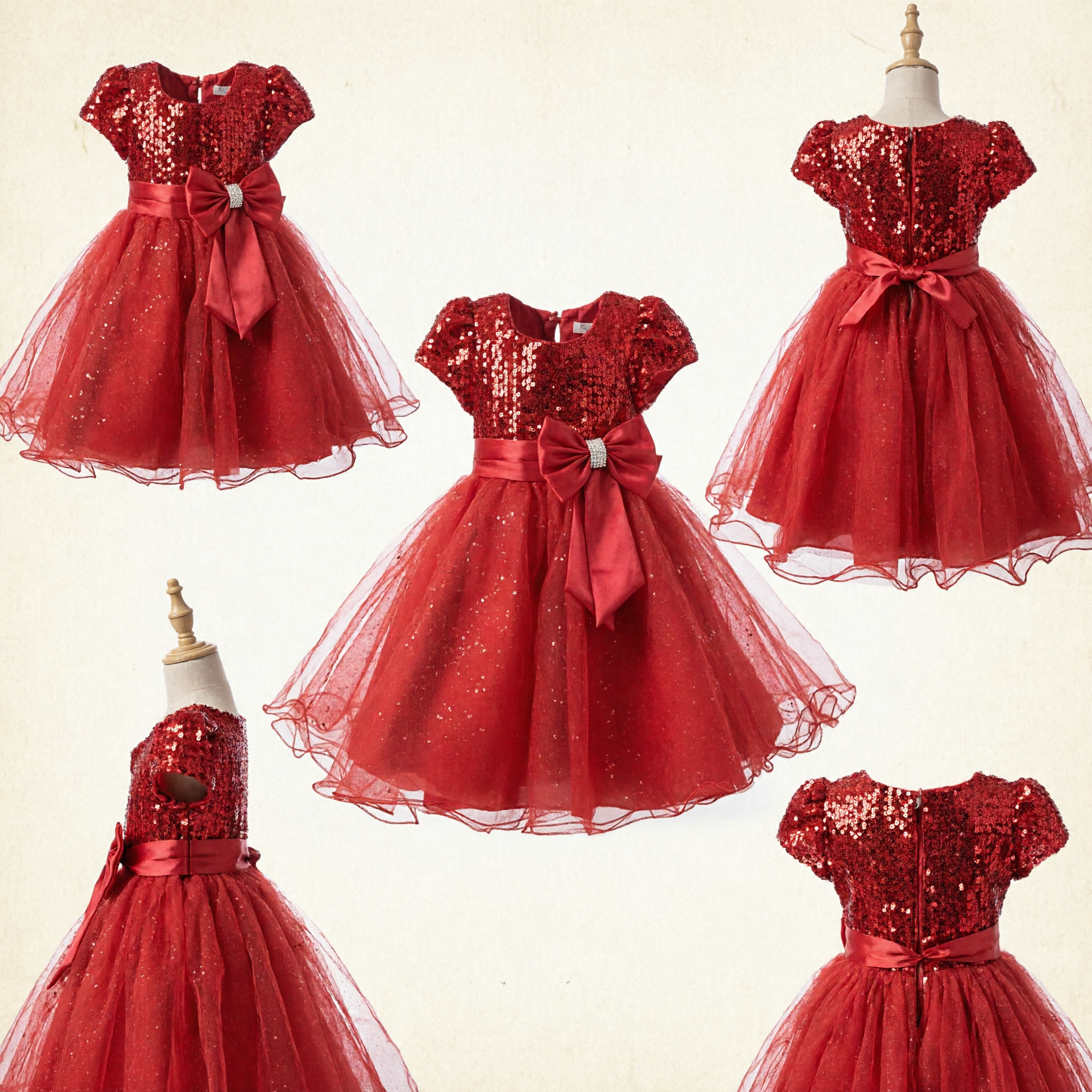 Toddler Girls Red Sequin Princess Dress Short Sleeve Bowknot Wedding Flower Girl Party Gown