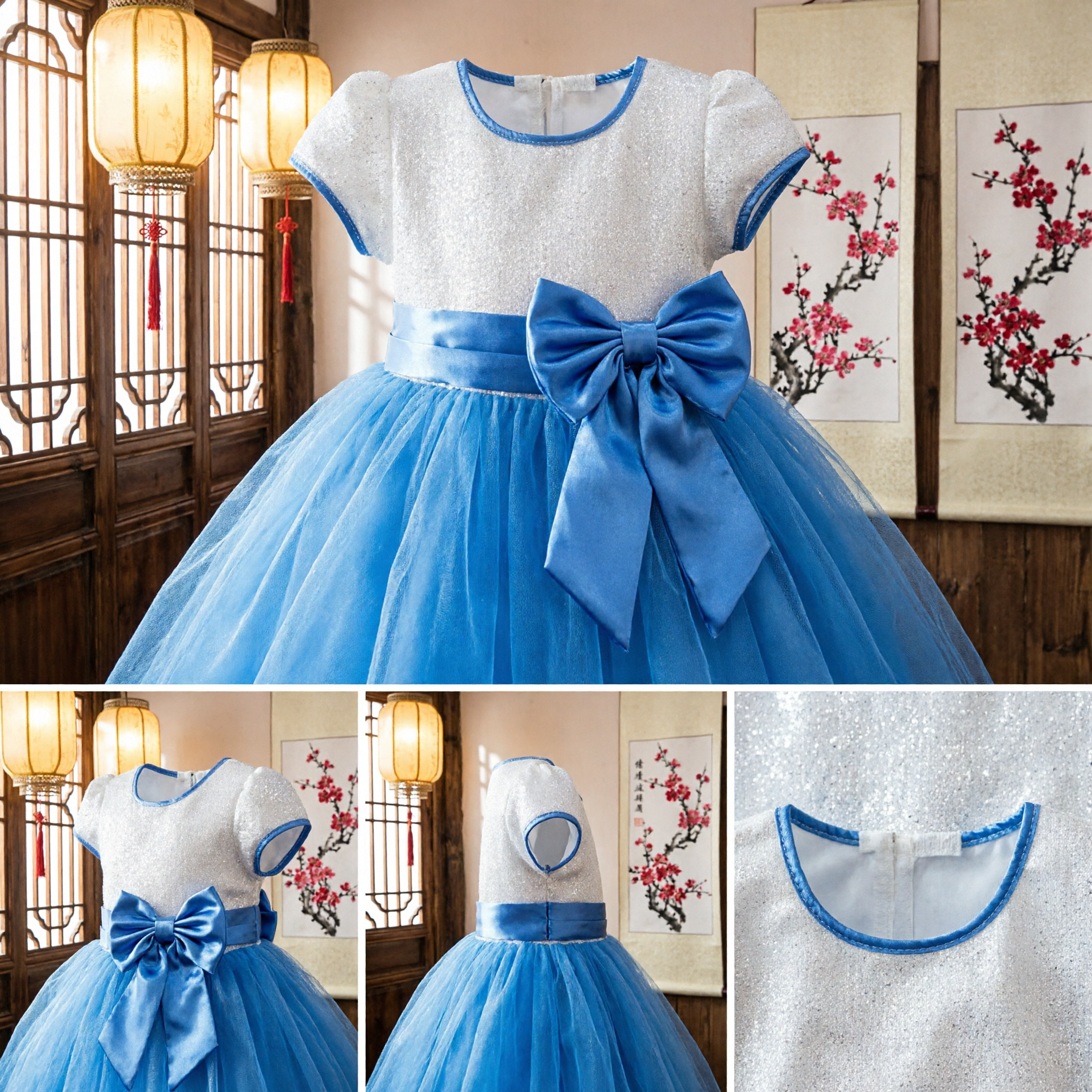 Girls Princess Dress Blue Tulle Skirt White Sequin Bodice Bow Wedding Flower Girl Formal Party Outfit