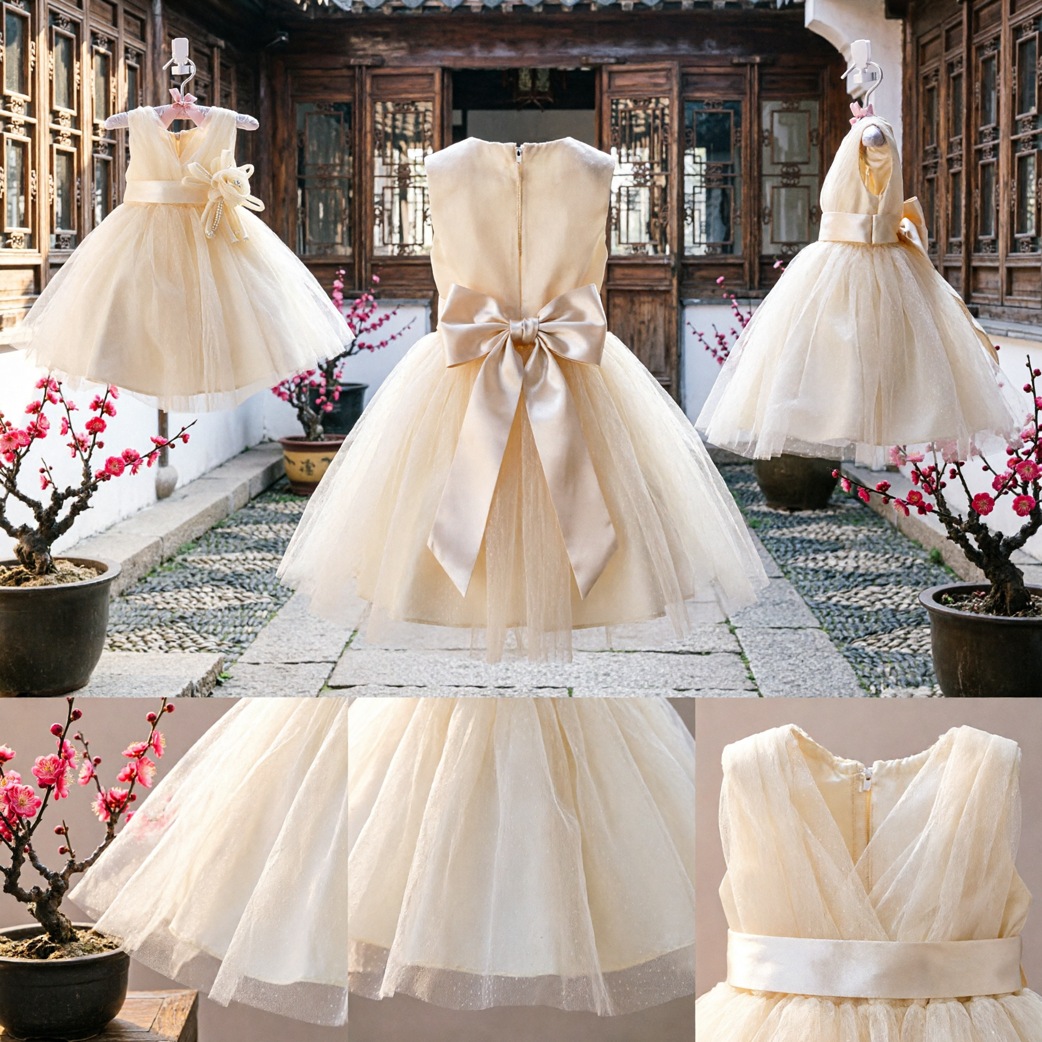 Elegant Yellow Tulle Flower Girl Dress V-Neck Princess Gown for Toddler Wedding Party Formal Occasions