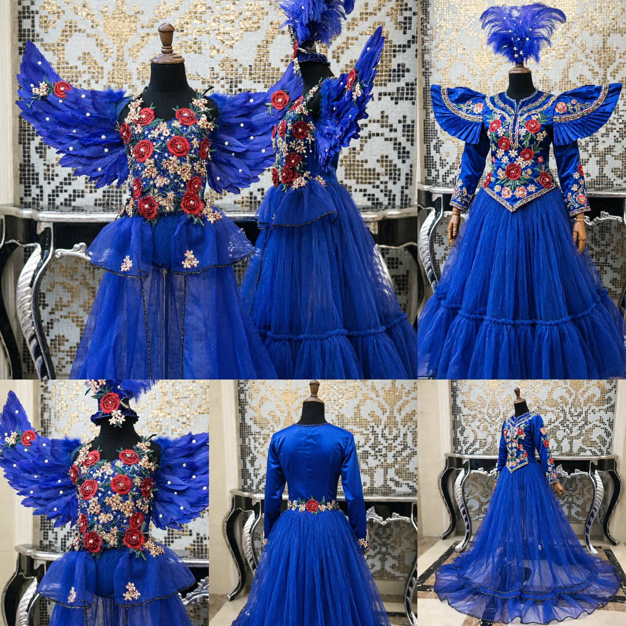 Blue Peacock Dance Costume for Kids Traditional Chinese Folk Stage Performance Dress with Feather Wings