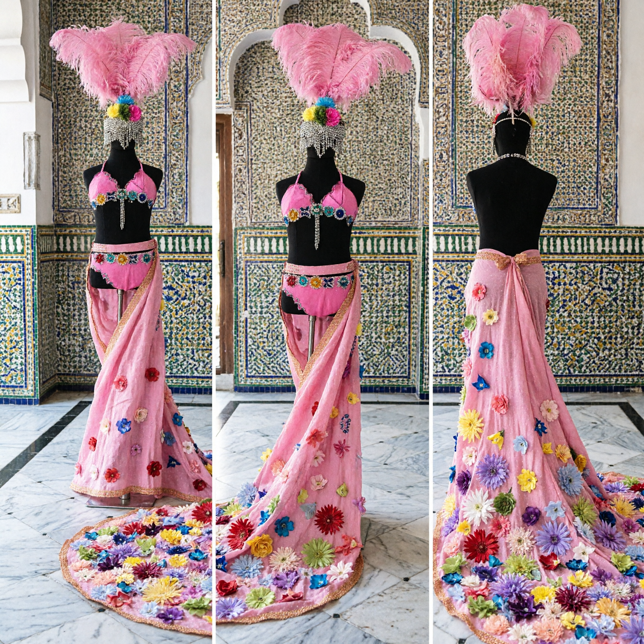 Women's Pink Cabaret Belly Dance Costume with Colorful Flower Train and Feather Headpiece for Stage Performance