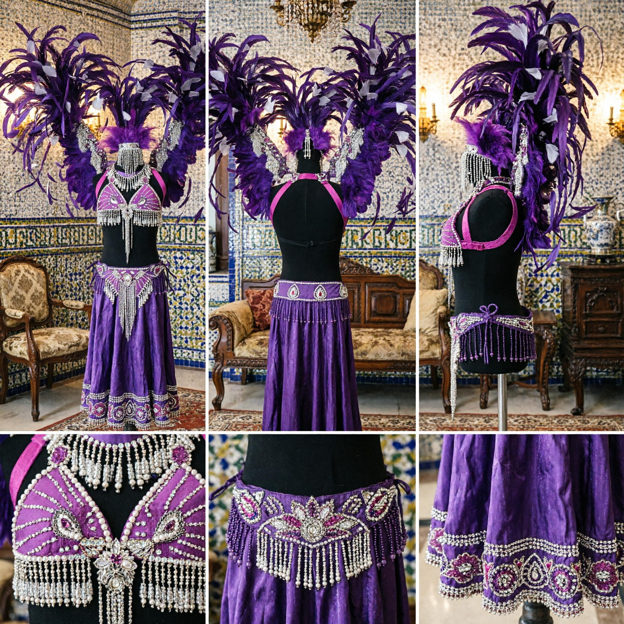 Purple Feather Carnival Headdress and Backpiece Set for Samba Dance Rio Showgirl Stage Performance Costume