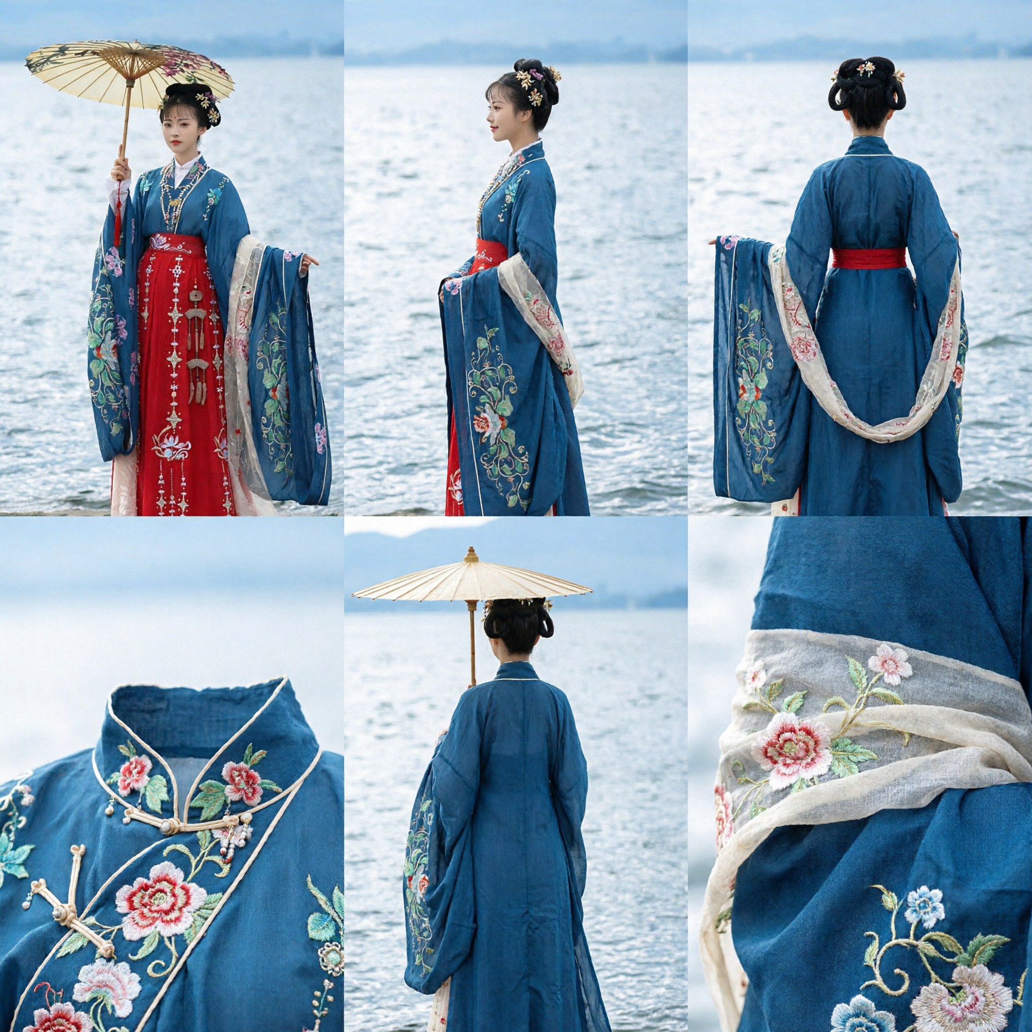 Women's Traditional Chinese Hanfu Clothing Blue Embroidered Jacket and Red Skirt Ming Dynasty Costume for Photography