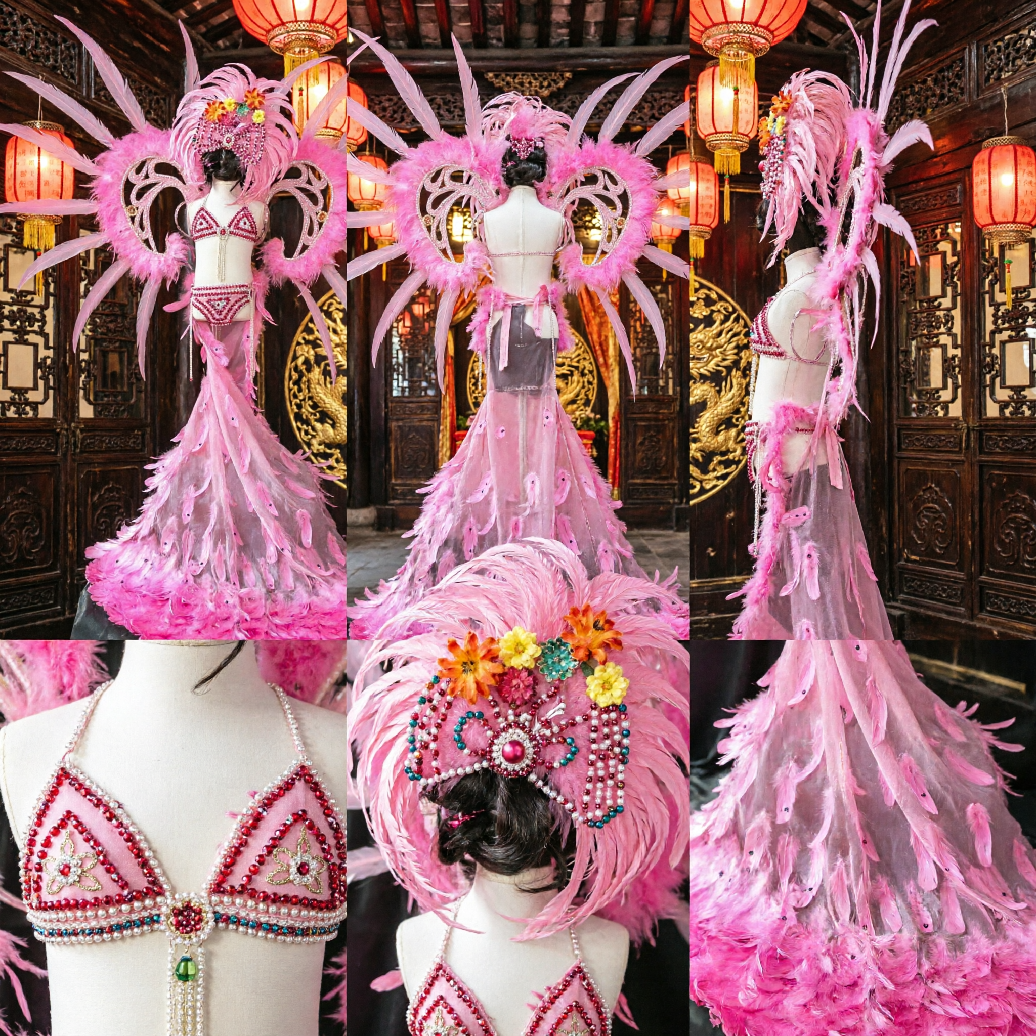 Women's Pink Feather Samba Carnival Costume Rio Style Showgirl Bikini Set with Large Back Wings