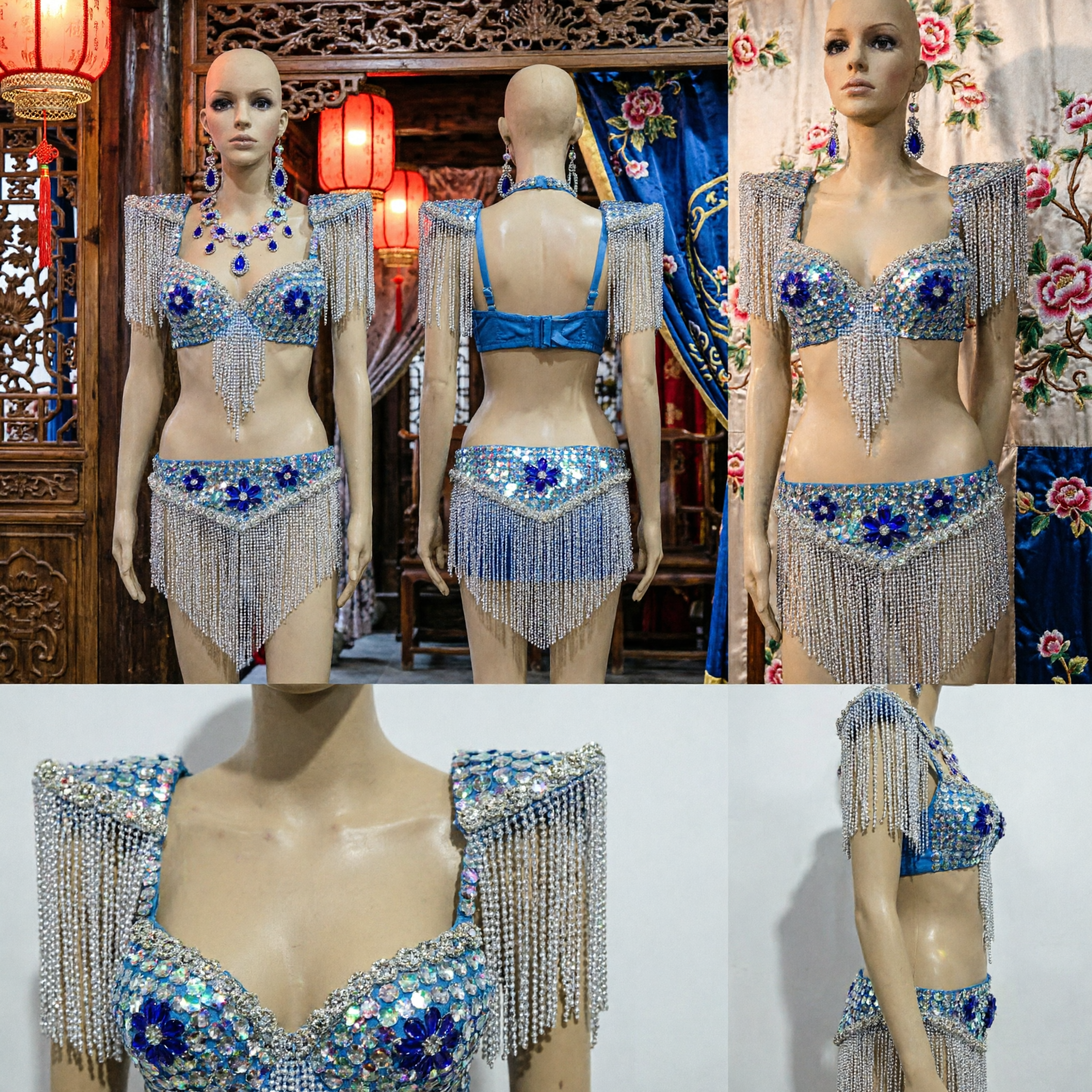 Women's Sparkly Blue Rhinestone Fringe Samba Dance Costume Showgirl Stage Performance Outfit Set with Jewelry