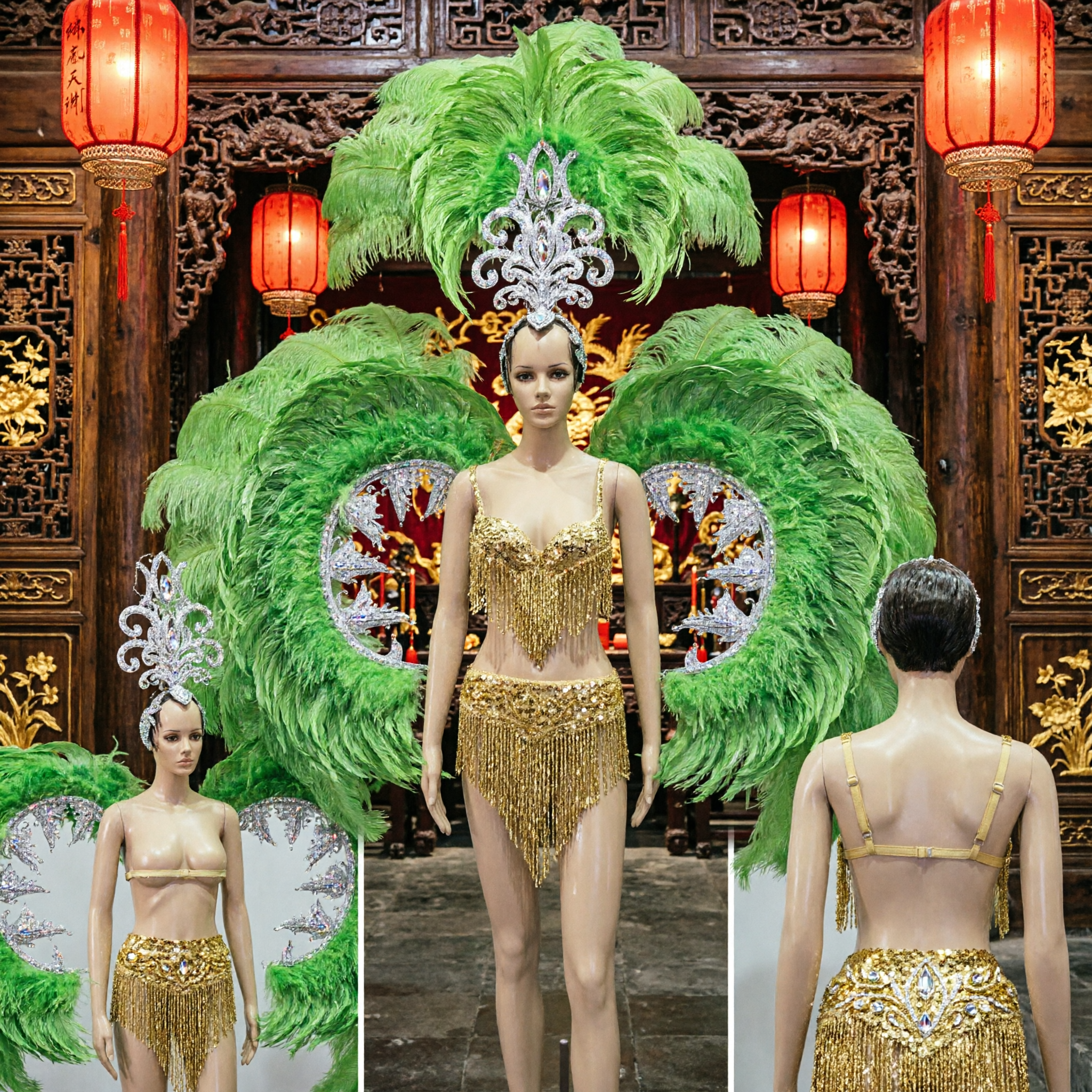 Professional Green Samba Carnival Costume with Large Feather Headdress and Backpiece for Women Parade Performance