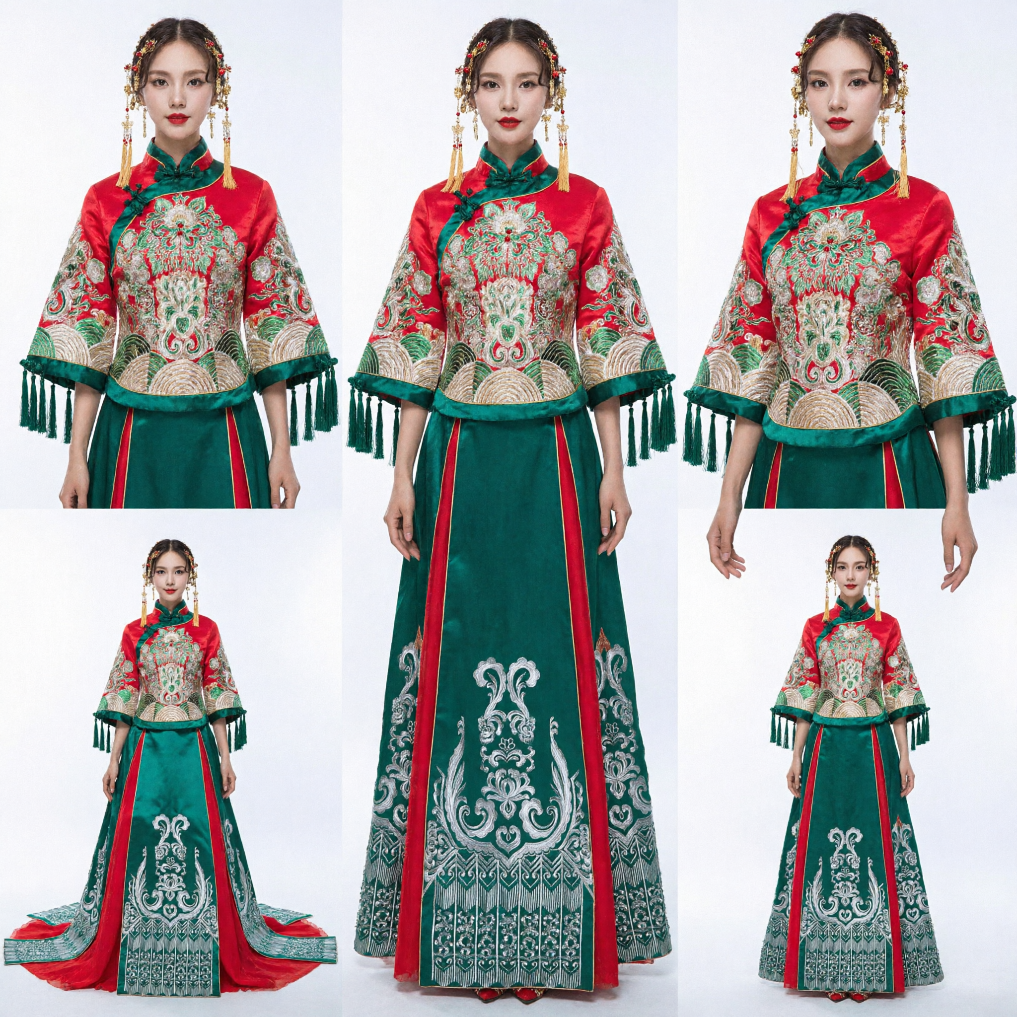 Traditional Chinese Wedding Dress Xiu He Fu Green Red Embroidered Phoenix Bride Gown for Ceremony