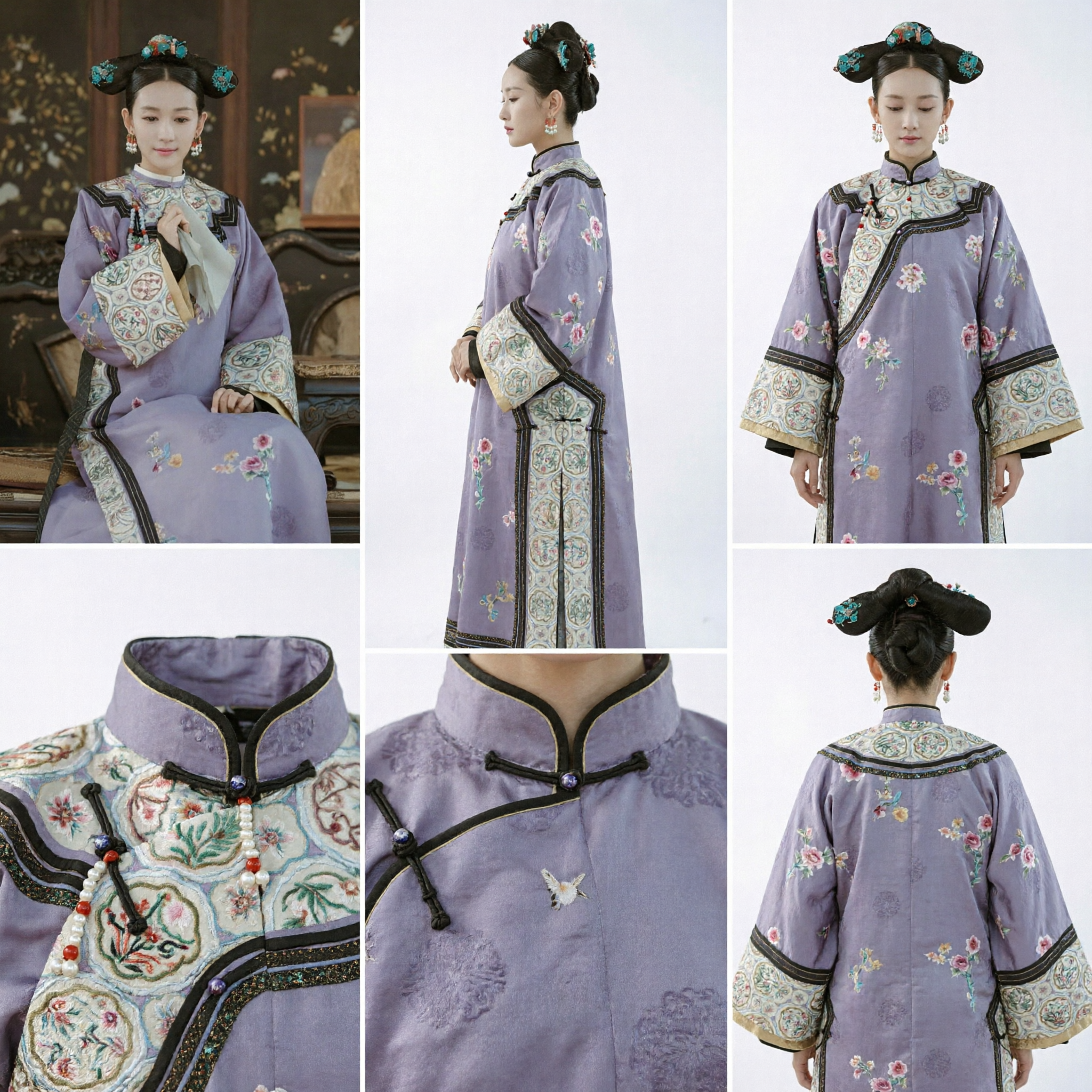 Traditional Chinese Qing Dynasty Manchu Princess Purple Embroidered Costume Complete Set with Headdress for Women