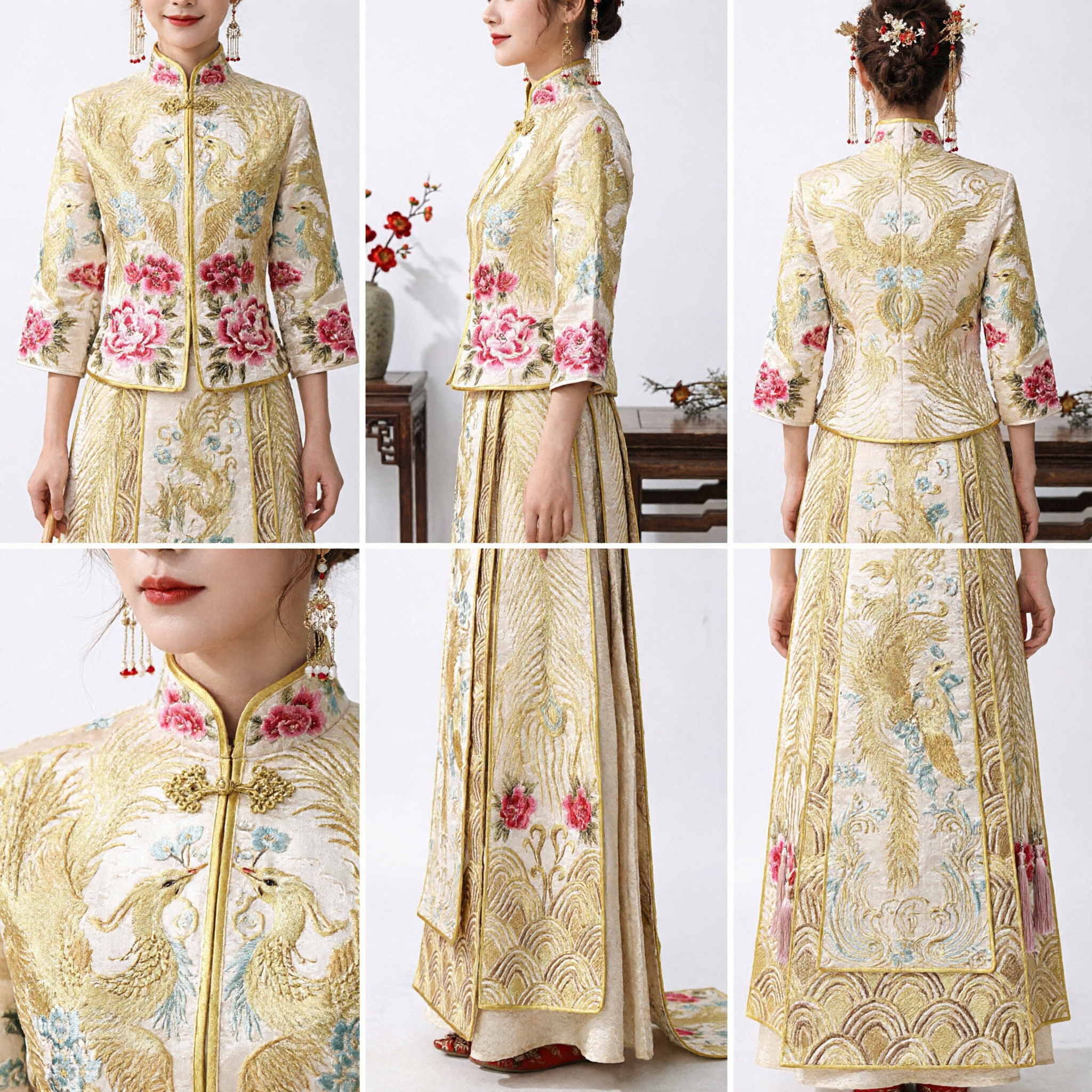 Traditional Chinese Wedding Dress Xiuhe Suit Gold Embroidered Phoenix Jacket and Skirt Set for Bride