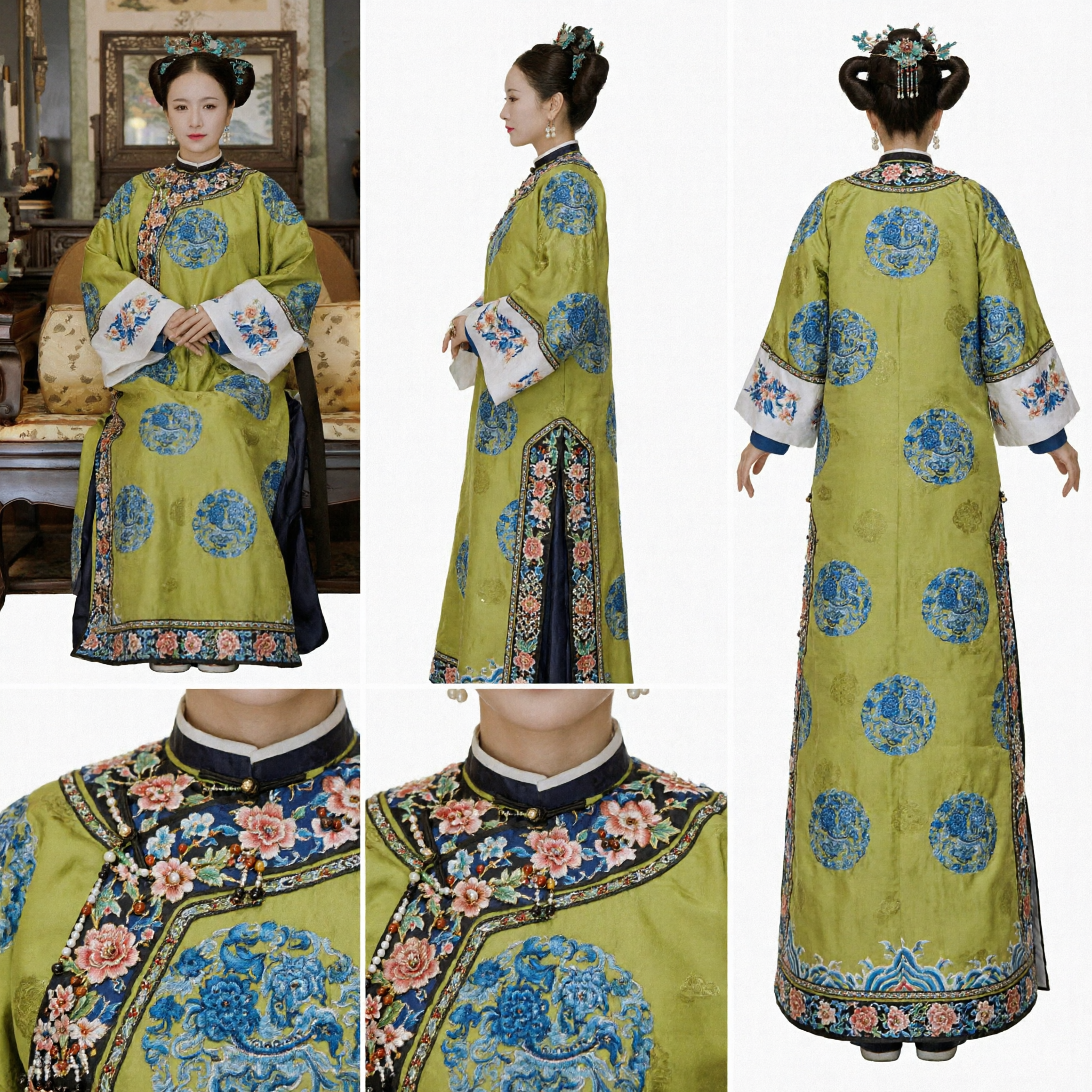 Traditional Chinese Qing Dynasty Manchu Women Green Embroidered Robe Costume for Historical Cosplay and Drama