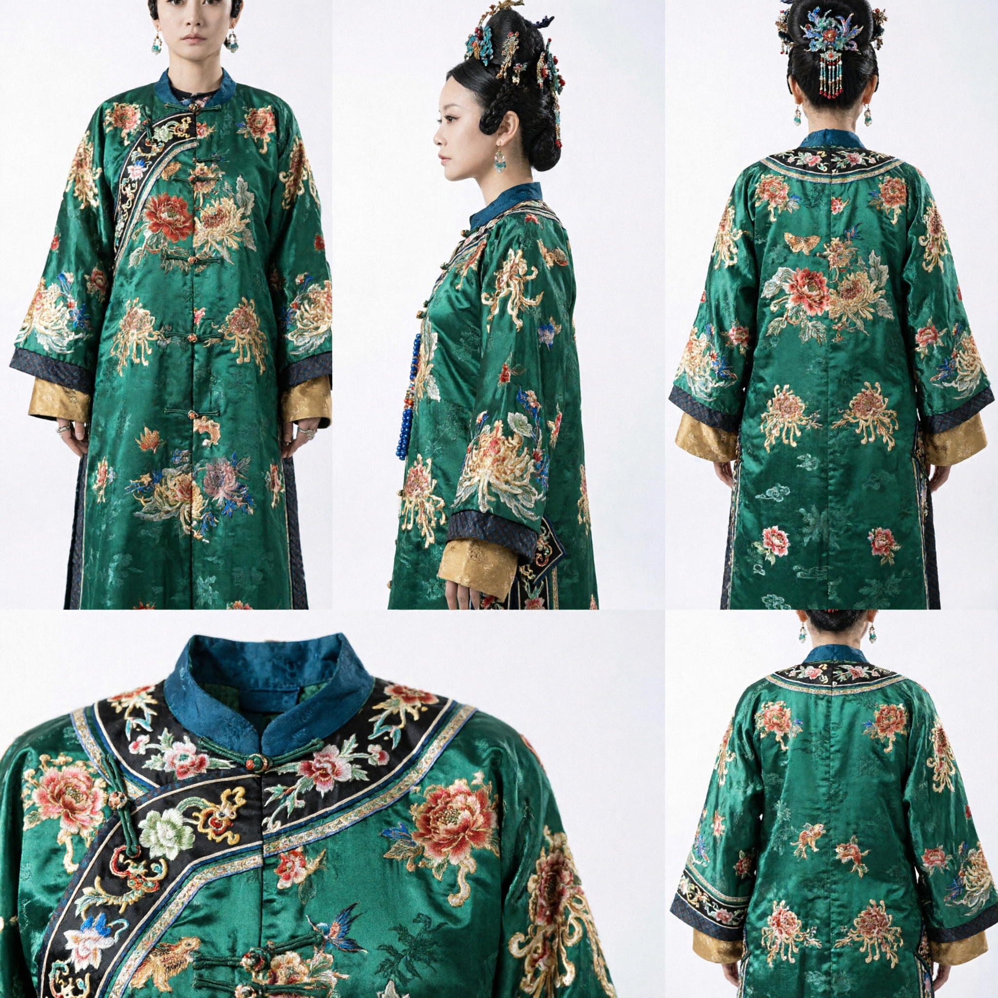Women's Ancient Chinese Green Embroidered Pifeng Robe Ming Dynasty Palace Princess Hanfu Costume