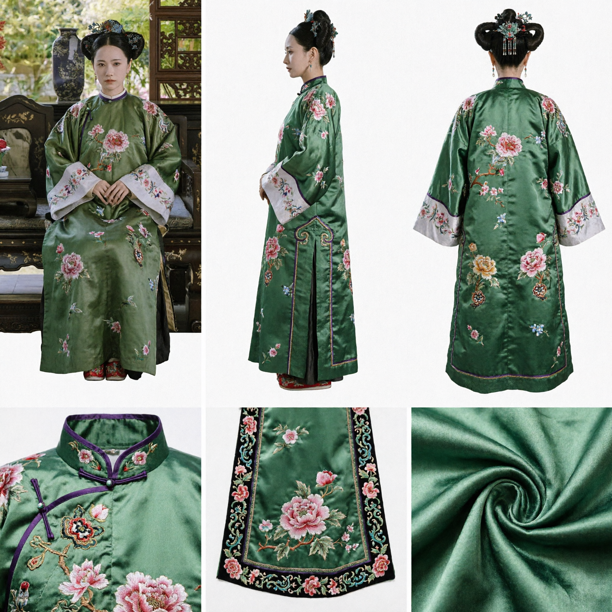 Ancient Chinese Qing Dynasty Manchu Noble Lady Green Floral Embroidered Robe Traditional Costume