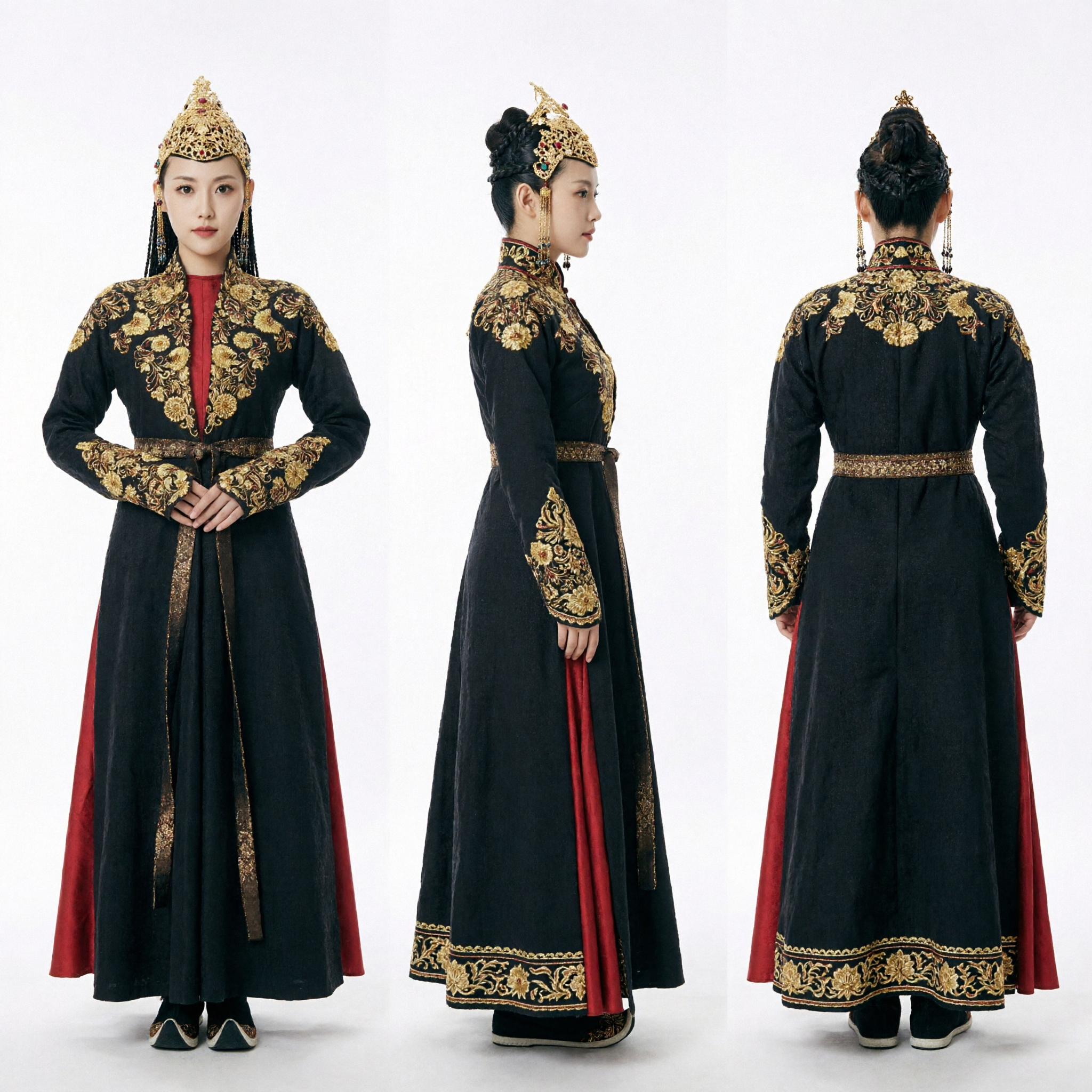Traditional Chinese Mongolian Ethnic Costume Ancient Royal Black Robe with Gold Embroidery and Hat for Women