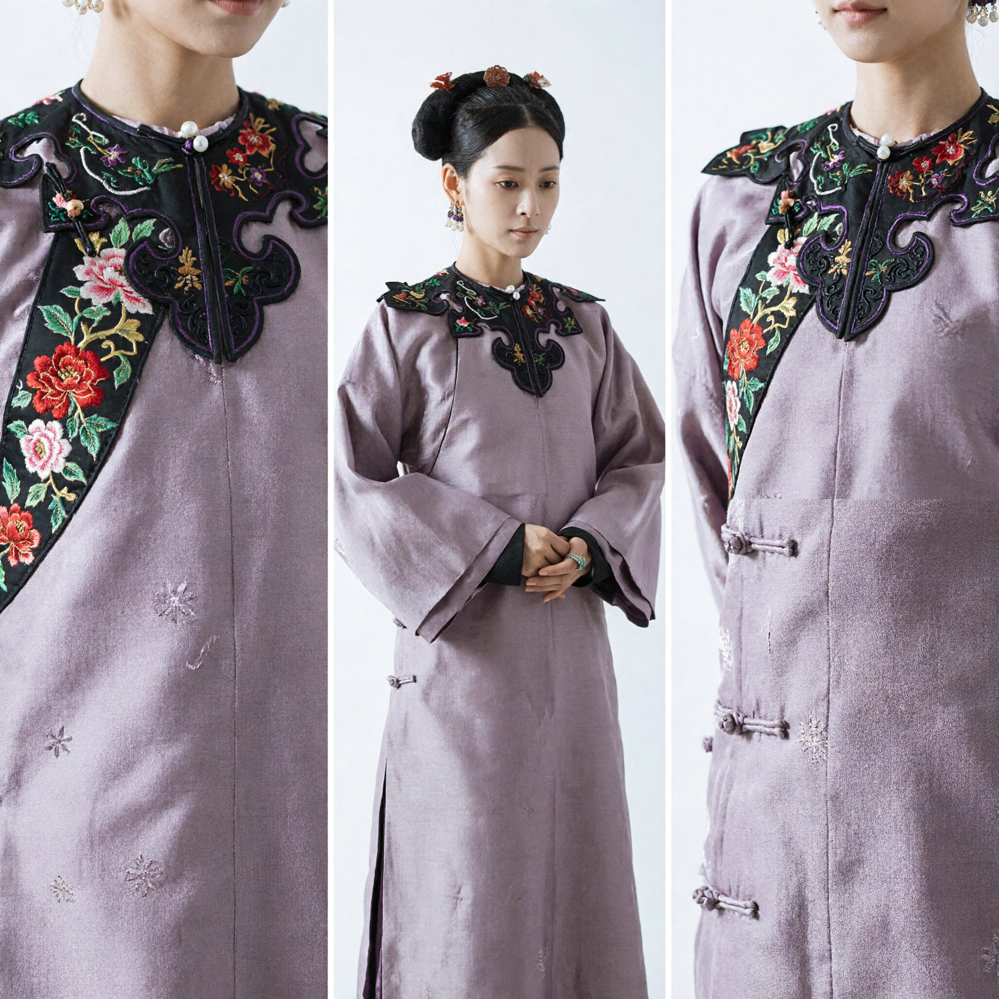 Chinese Ancient Qing Dynasty Palace Lady Costume Embroidered Lavender Robe with Cloud Collar for Women