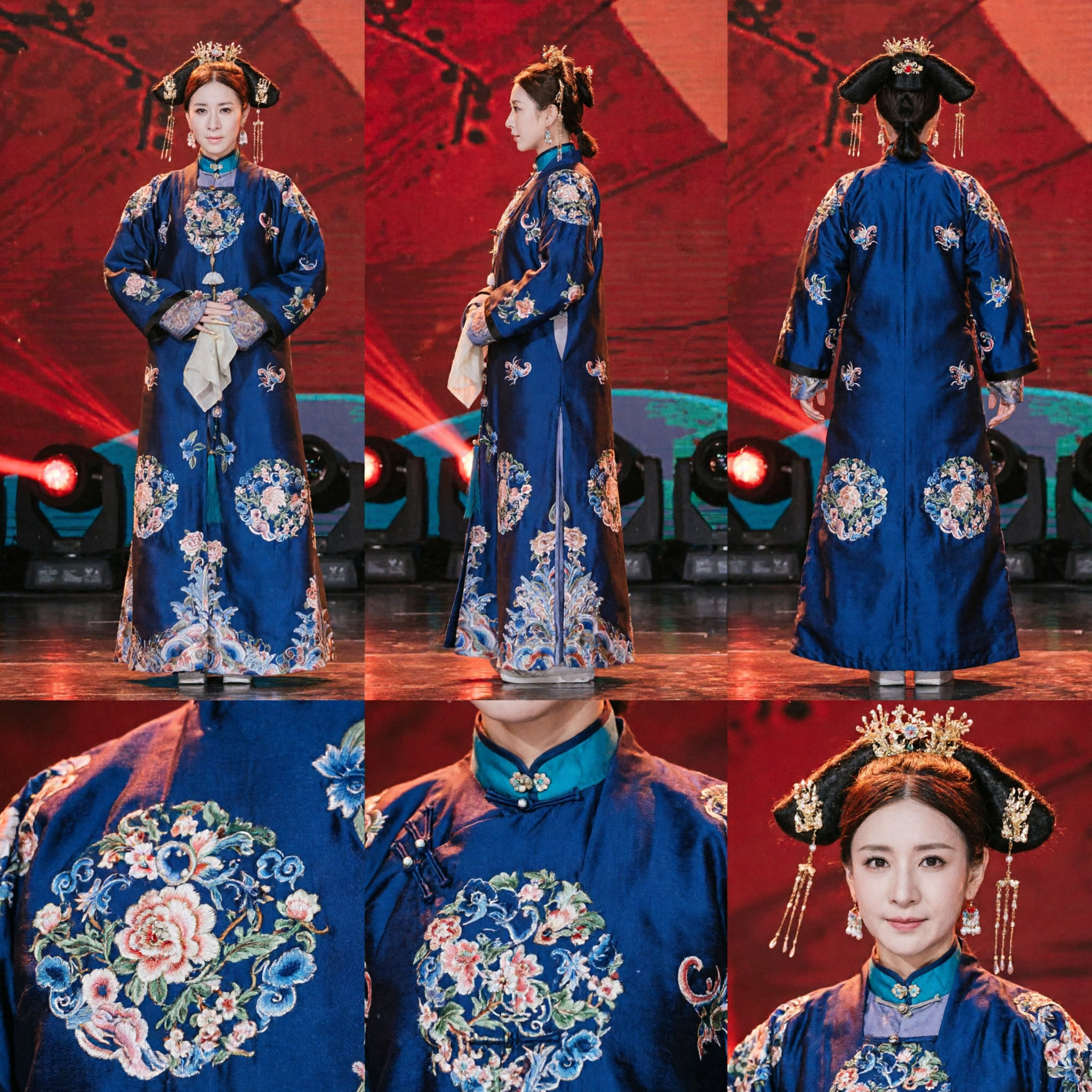 Traditional Chinese Qing Dynasty Manchu Noble Lady Blue Embroidered Robe Ancient Costume for Women Performance