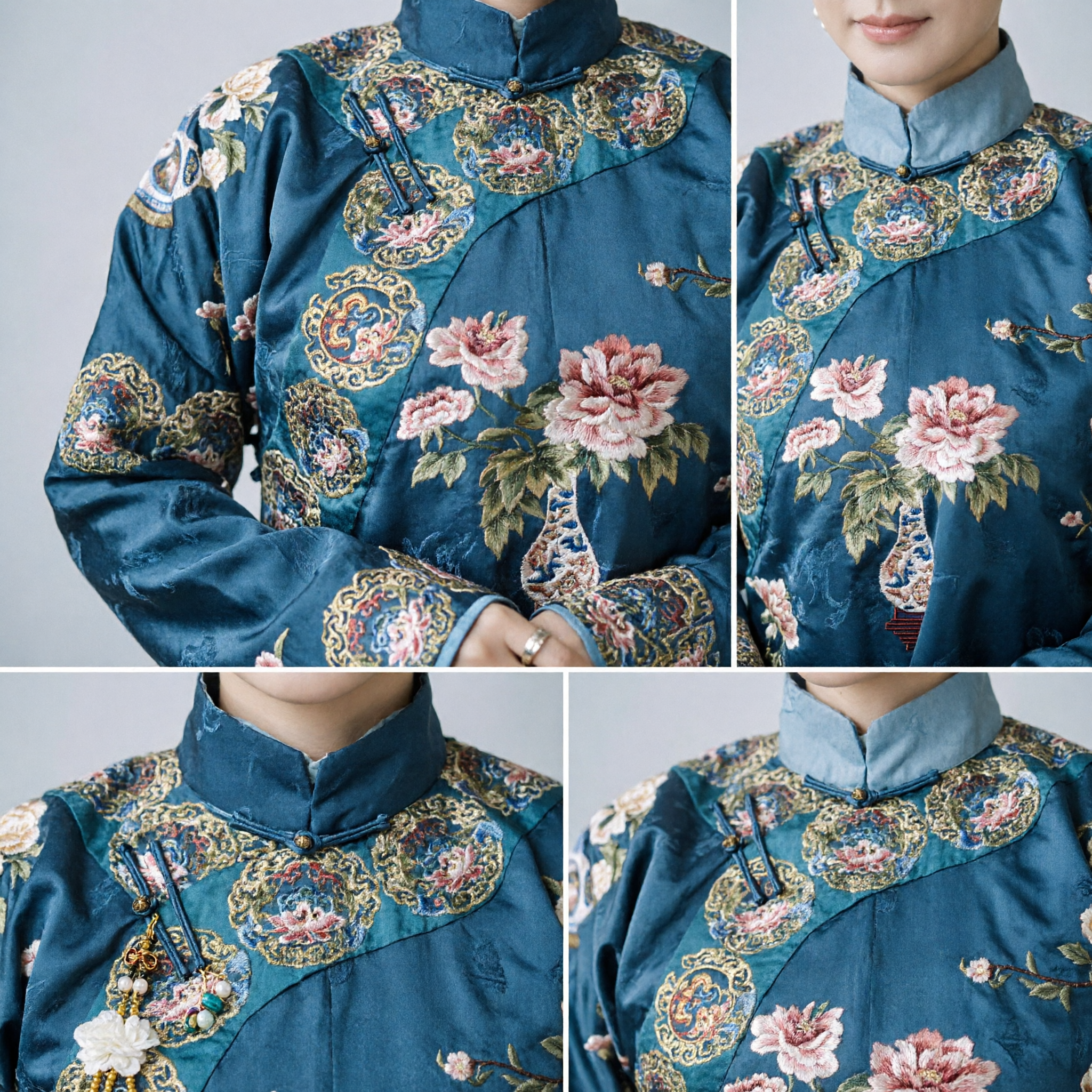 Qing Dynasty Imperial Noblewoman Blue Floral Embroidered Robe Traditional Chinese Palace Costume for Women