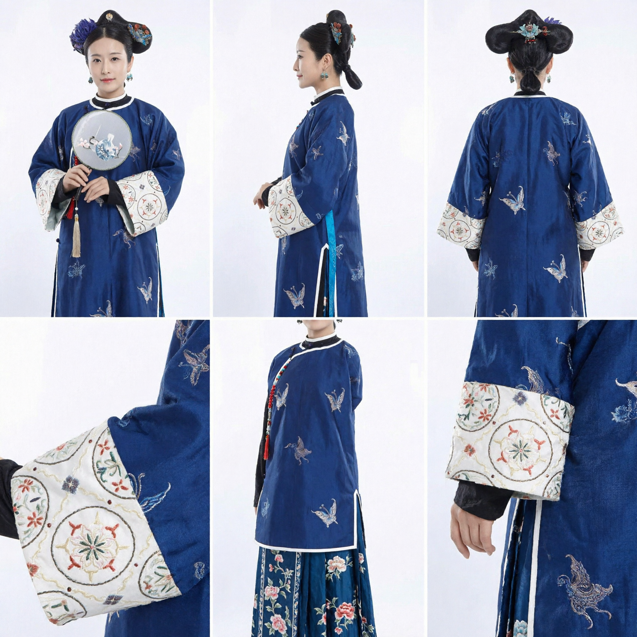 Traditional Chinese Qing Dynasty Palace Lady Costume Blue Embroidered Manchu Dress Complete Set with Headdress for Women