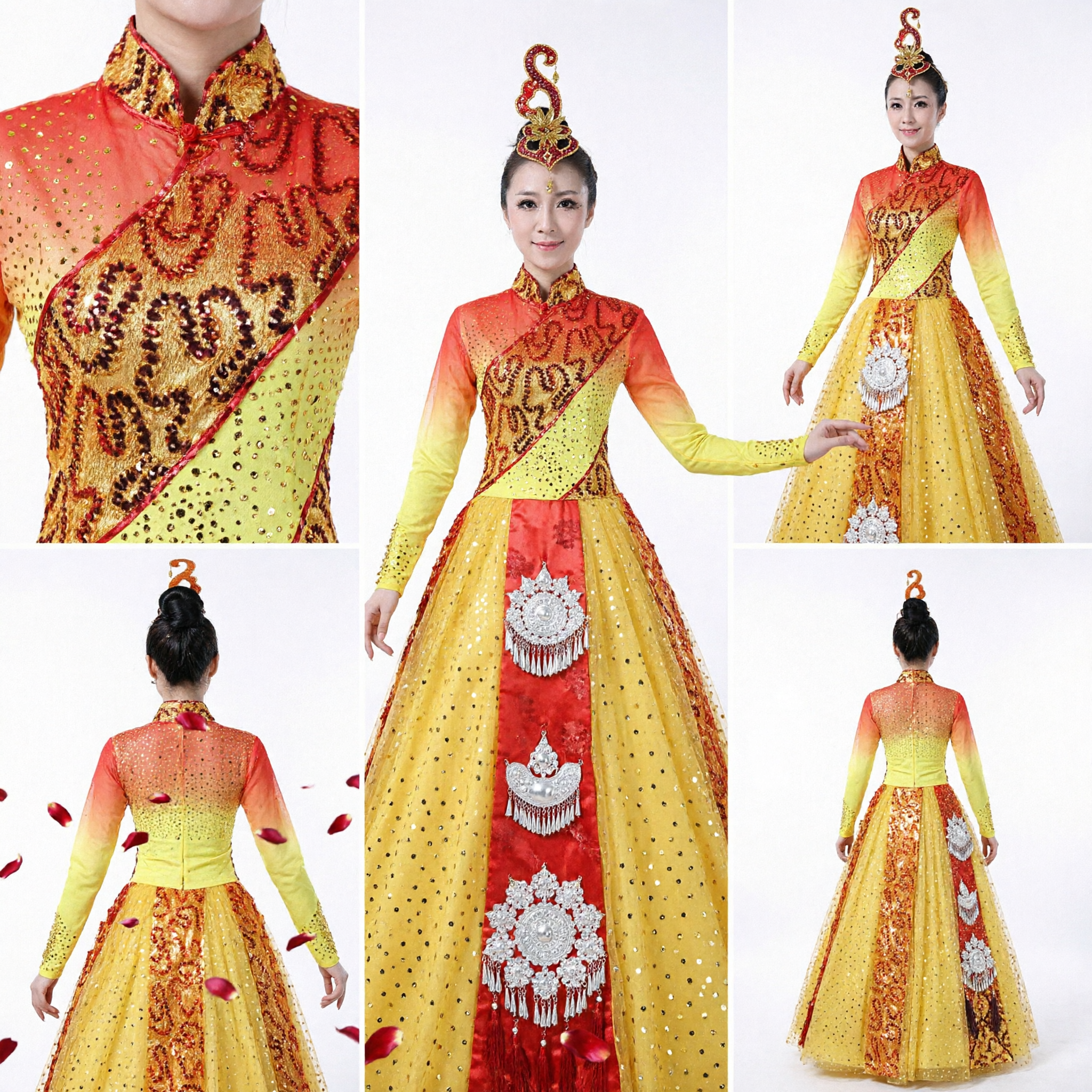 Women's Chinese Traditional Folk Dance Costume Yellow Sequined Gown for Stage Performance and Yangge Dance