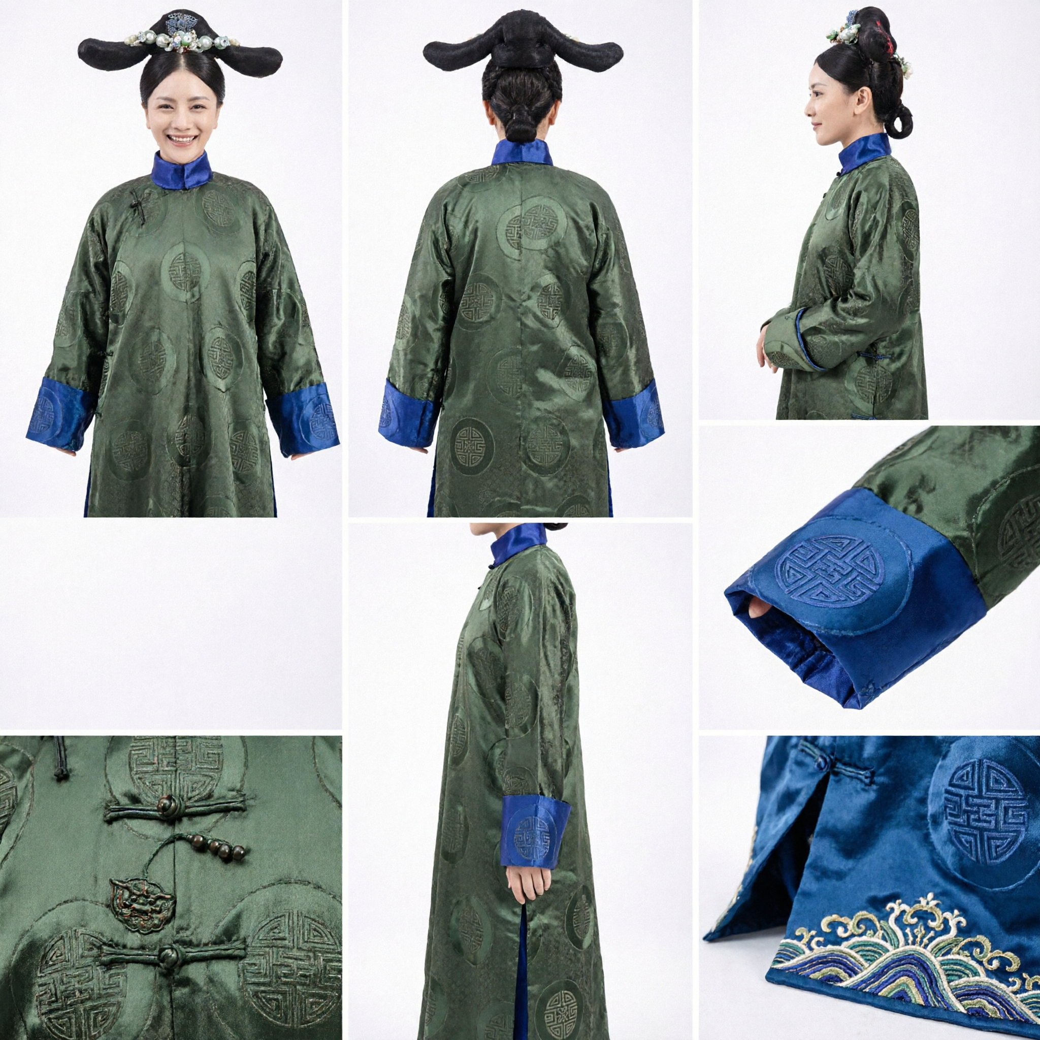 Chinese Traditional Qing Dynasty Manchu Palace Lady Green Robe Costume with Headdress for Women Cosplay