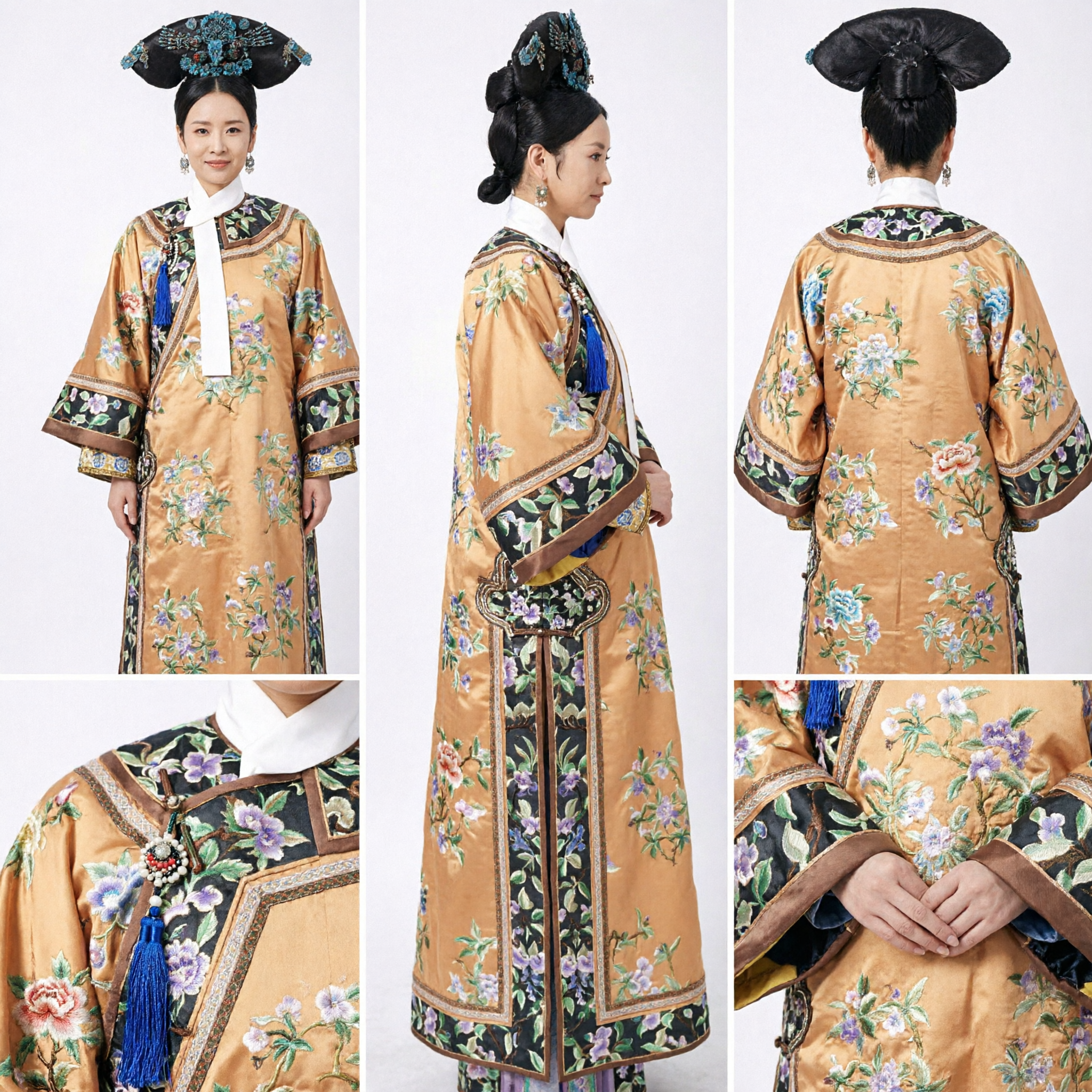 Traditional Chinese Qing Dynasty Empress Costume Yellow Floral Embroidery Robe with Headdress for Women Cosplay