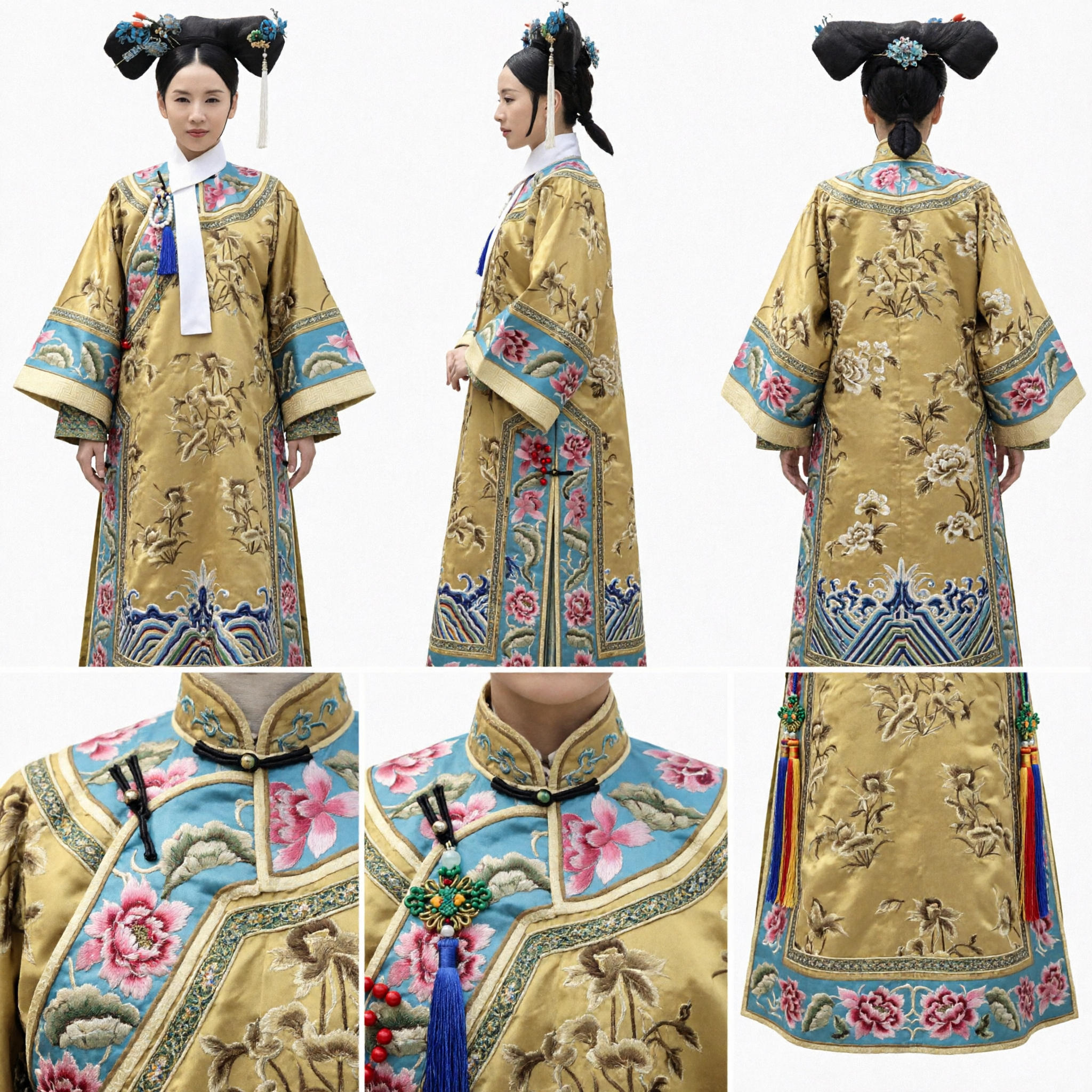 Traditional Chinese Qing Dynasty Empress Costume Yellow Floral Embroidered Robe and Headdress Set for Women Cosplay