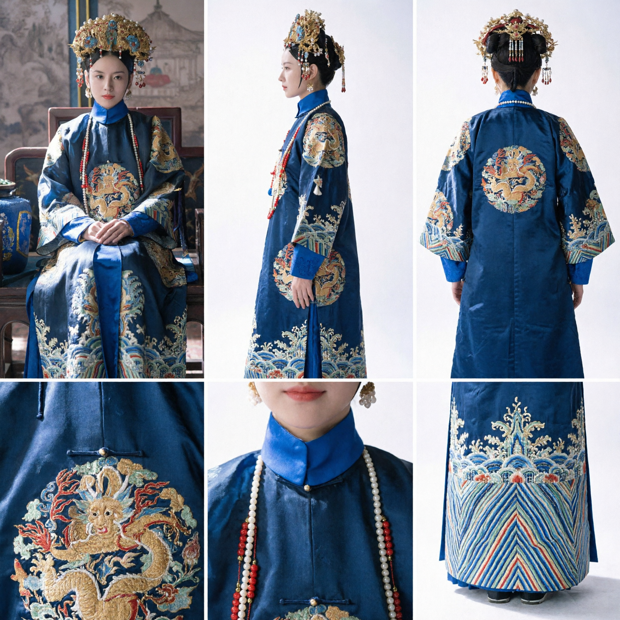 Ancient Chinese Qing Dynasty Empress Costume Traditional Manchu Dragon Robe and Phoenix Crown Set for Women