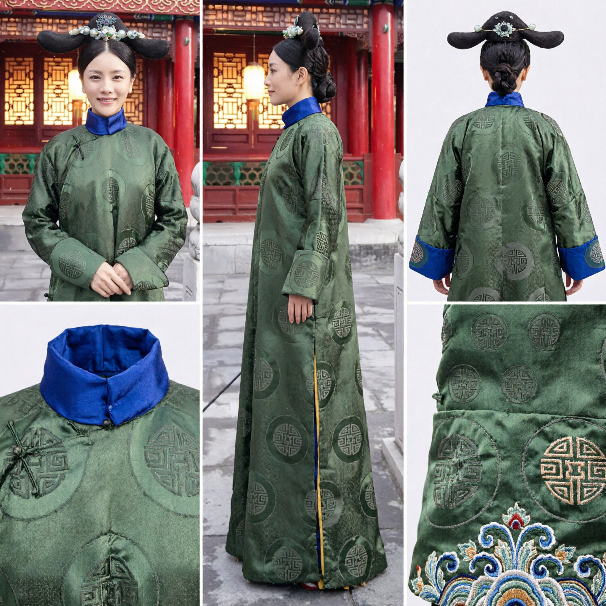 Traditional Chinese Qing Dynasty Manchu Princess Green Robe Costume with Pearl Headdress for Women Cosplay