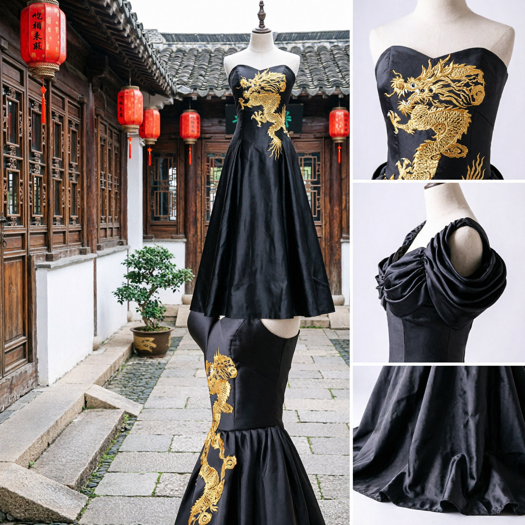 Elegant Black Strapless Mermaid Evening Gown with Gold Dragon Embroidery Chinese Style Formal Dress for Stage Performance