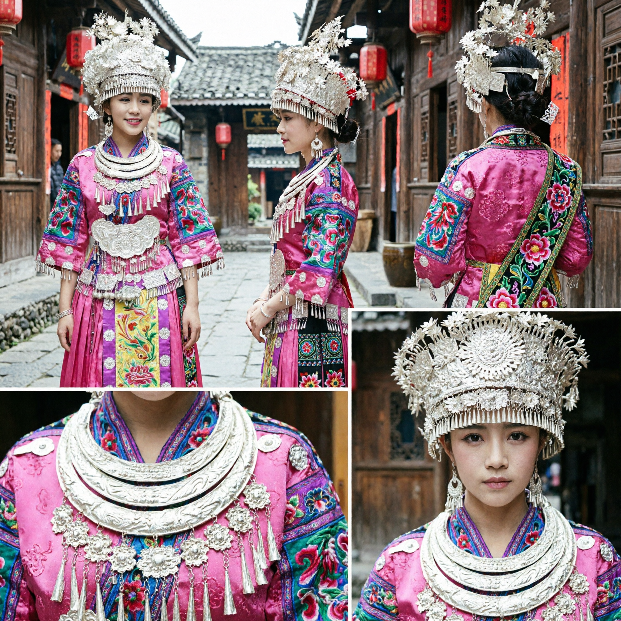 Traditional Chinese Miao Ethnic Minority Costume Pink Embroidered Dress with Silver Headdress for Folk Dance Performance