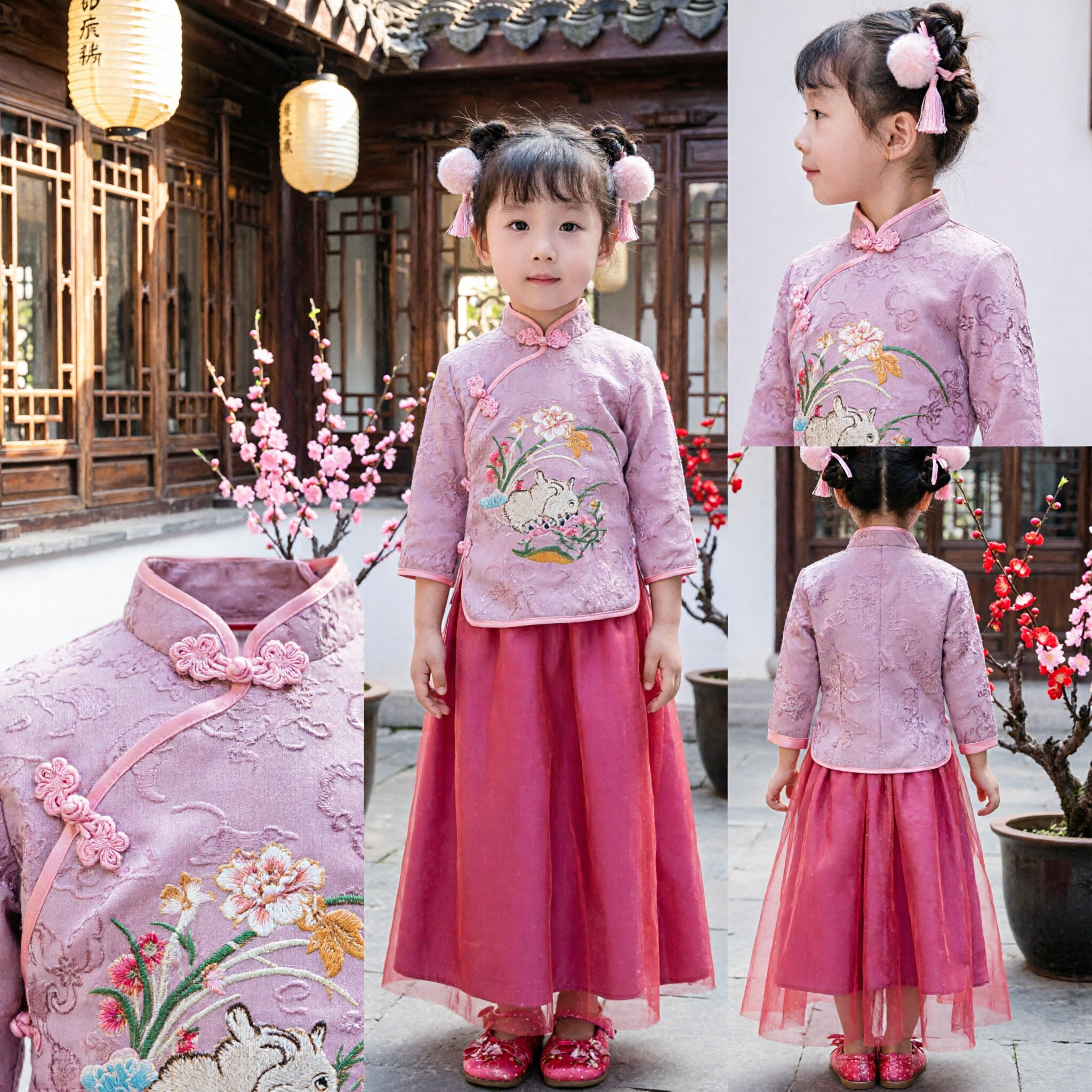 Kids Girls Traditional Chinese Clothing Pink Embroidered Tang Suit Hanfu Set for Lunar New Year Festival