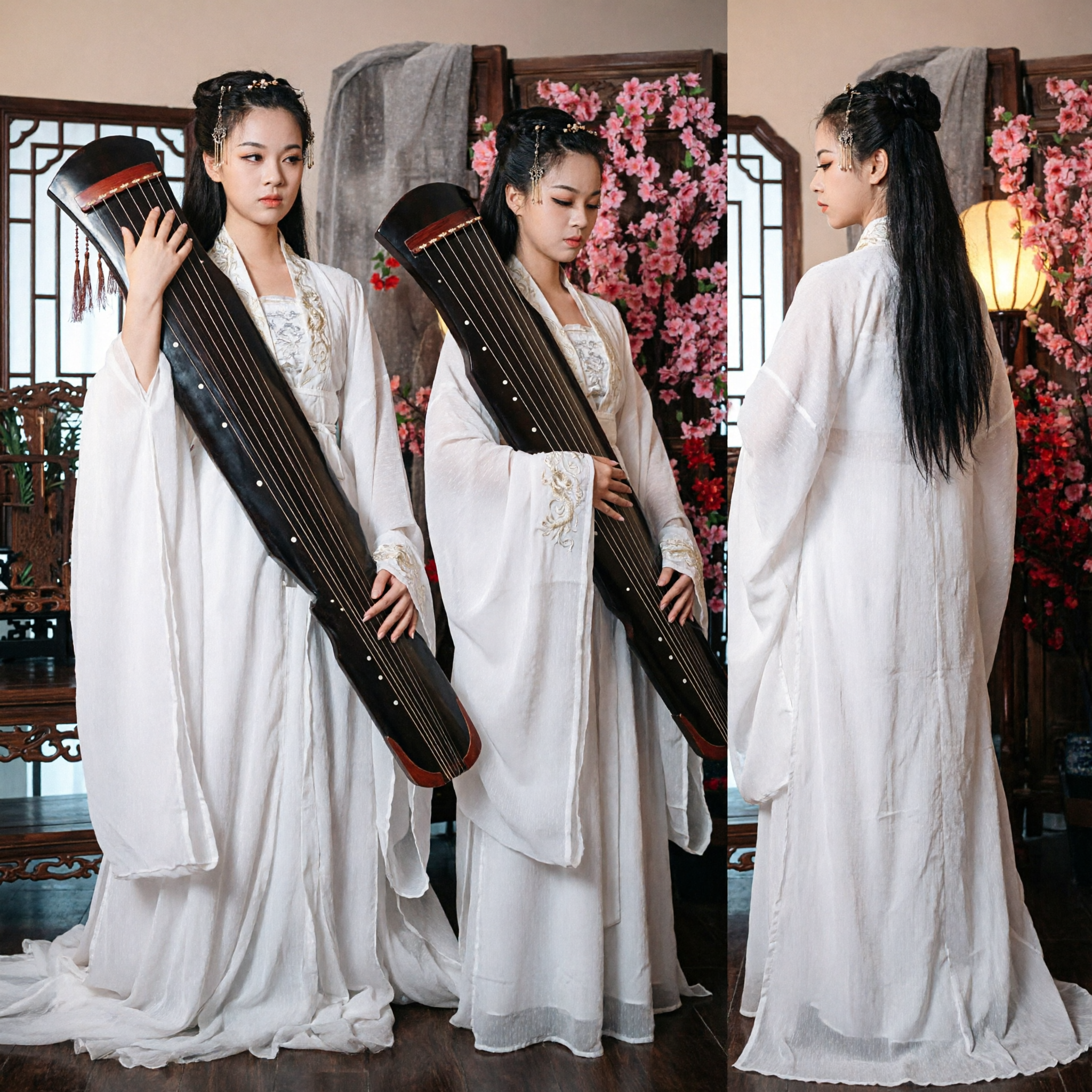 Elegant White Hanfu Traditional Chinese Ancient Costume for Women Guqin Player Fairy Dress Performance Outfit