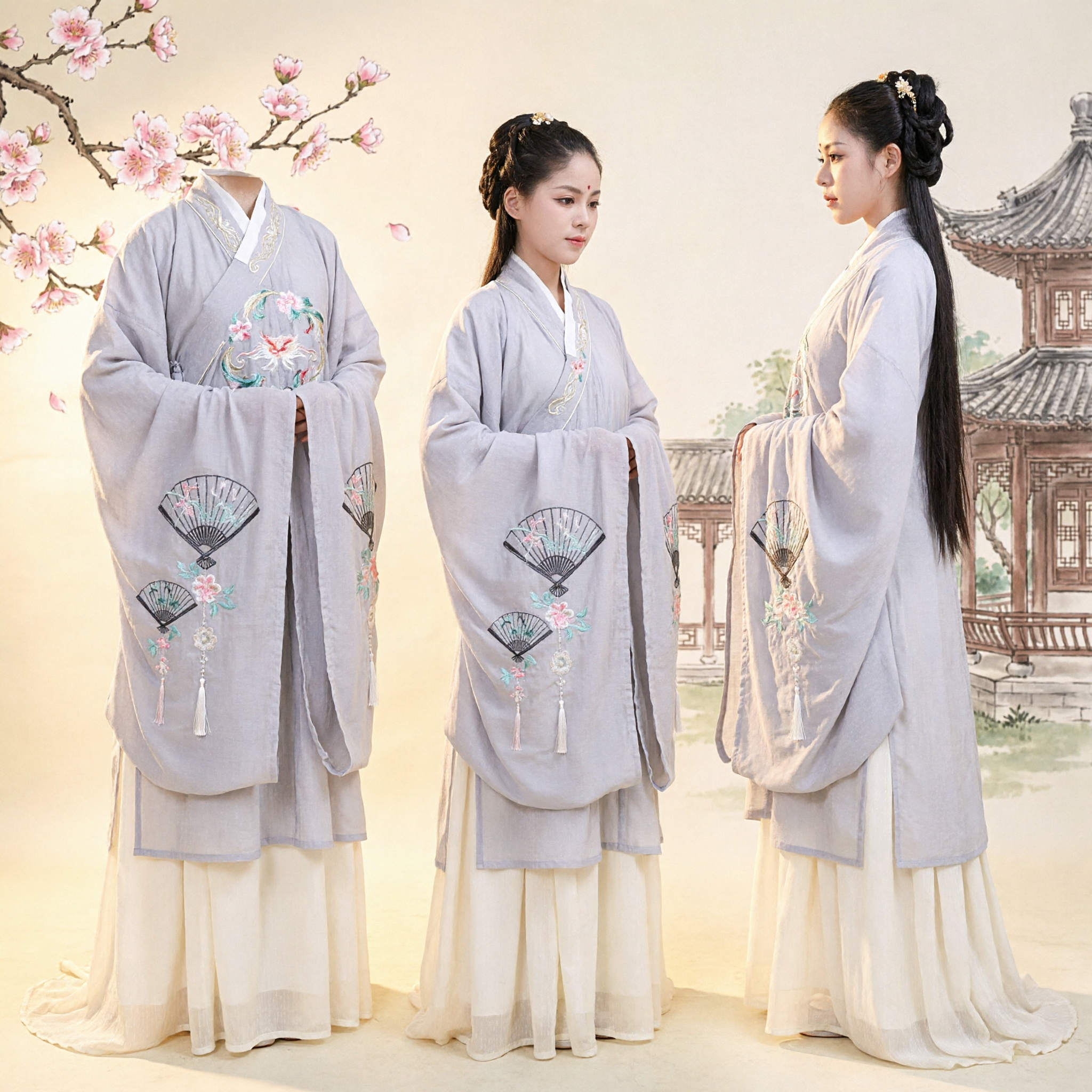 Traditional Chinese Hanfu Ancient Costume Embroidered Fan Pattern Long Robe Set for Women Cosplay and Photography