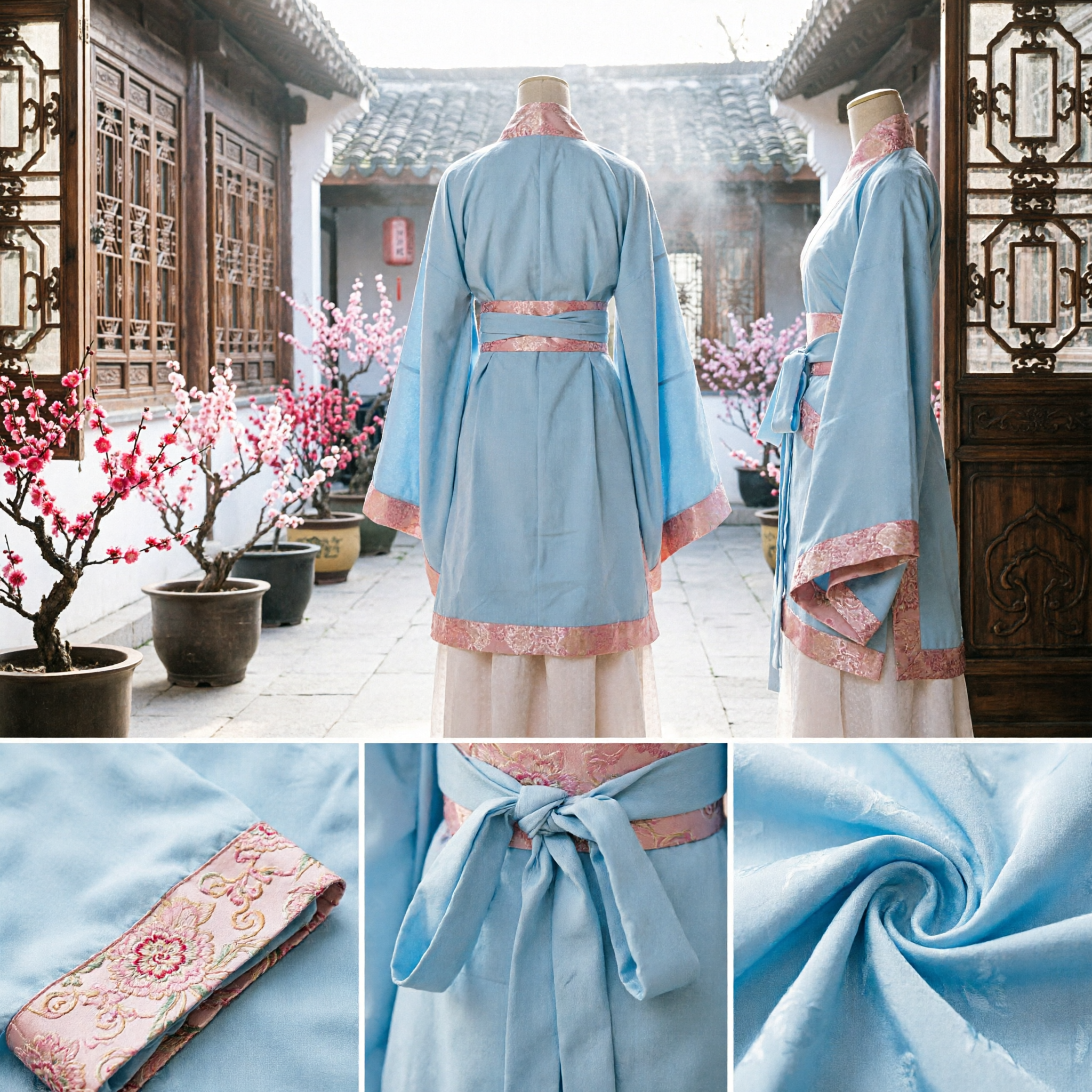 Traditional Chinese Hanfu Costume for Men Light Blue Ancient Scholar Robe with Pink Floral Trim