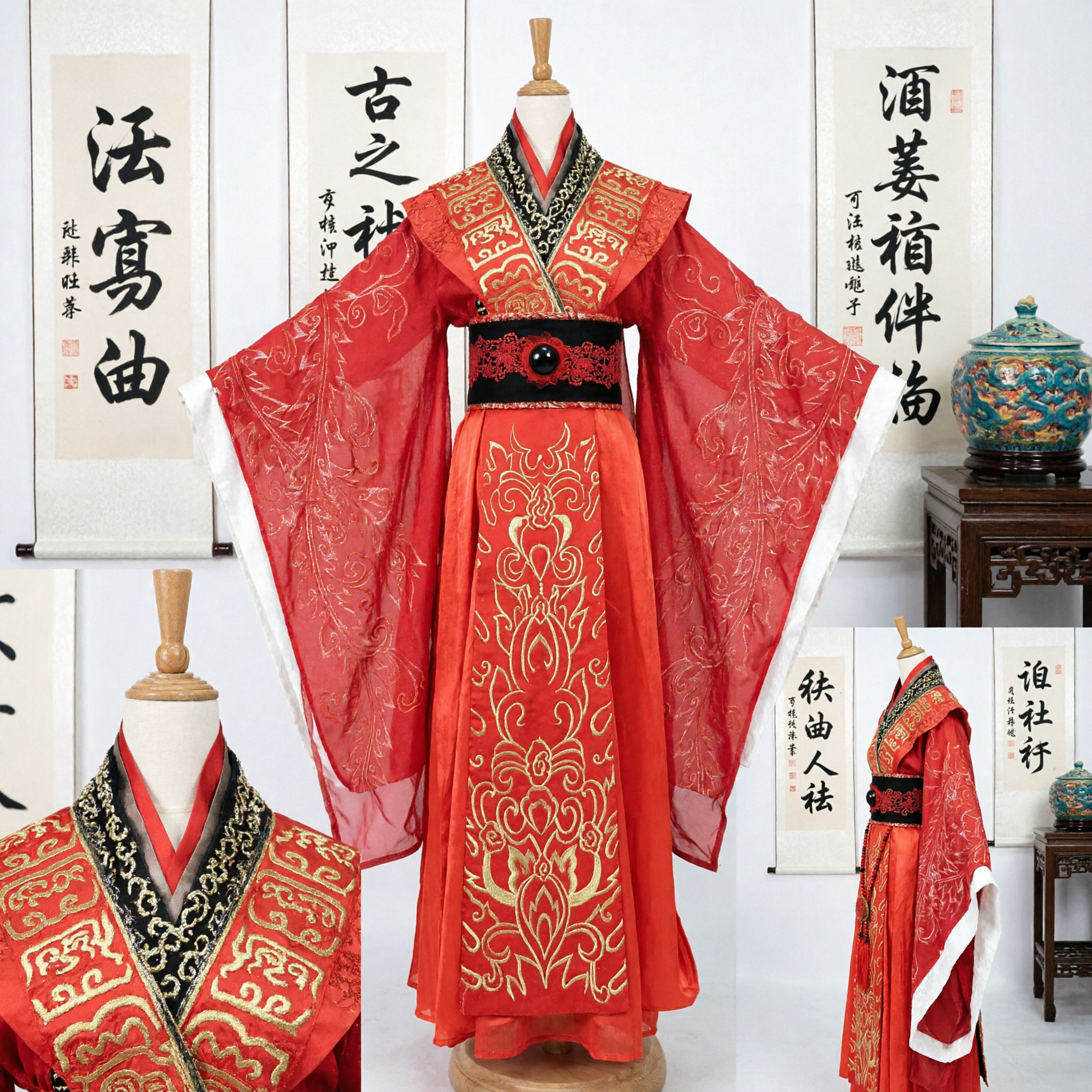 Traditional Chinese Hanfu Red Ancient Prince Costume Gold Embroidery Wide Sleeve Robe for Men