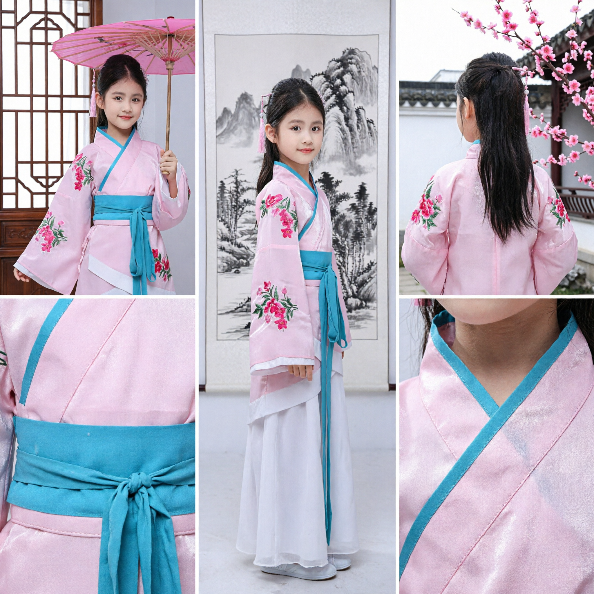 Traditional Chinese Hanfu for Girls Pink Floral Embroidered Ancient Costume Kids Performance Dress