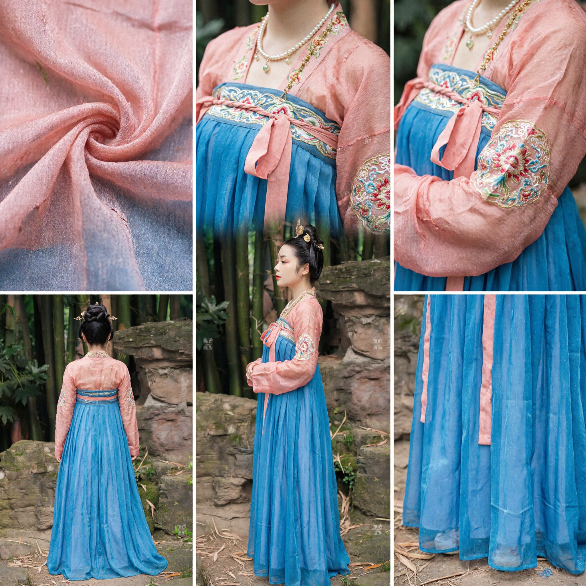 Chinese Traditional Hanfu Tang Dynasty Costume Ancient Princess Dress Pink Top Blue Skirt Set for Women