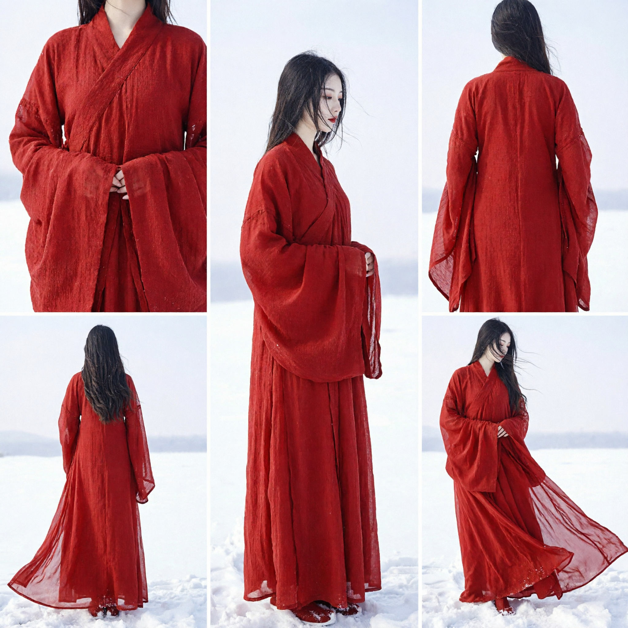 Traditional Red Chinese Hanfu Dress for Women Ancient Style Wide Sleeve Costume for Snow Photography