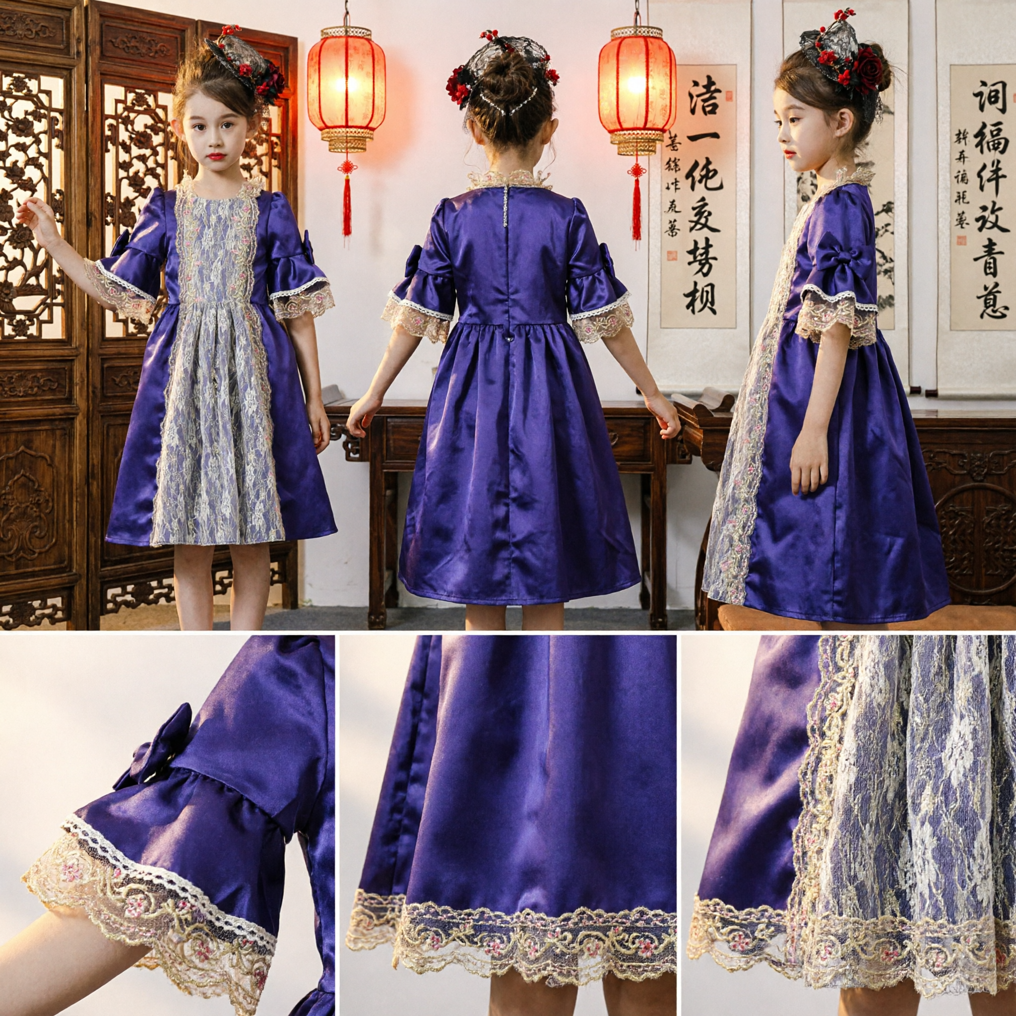 Purple Renaissance Court Princess Dress European Style Lace Satin Costume for Kids Girls Party