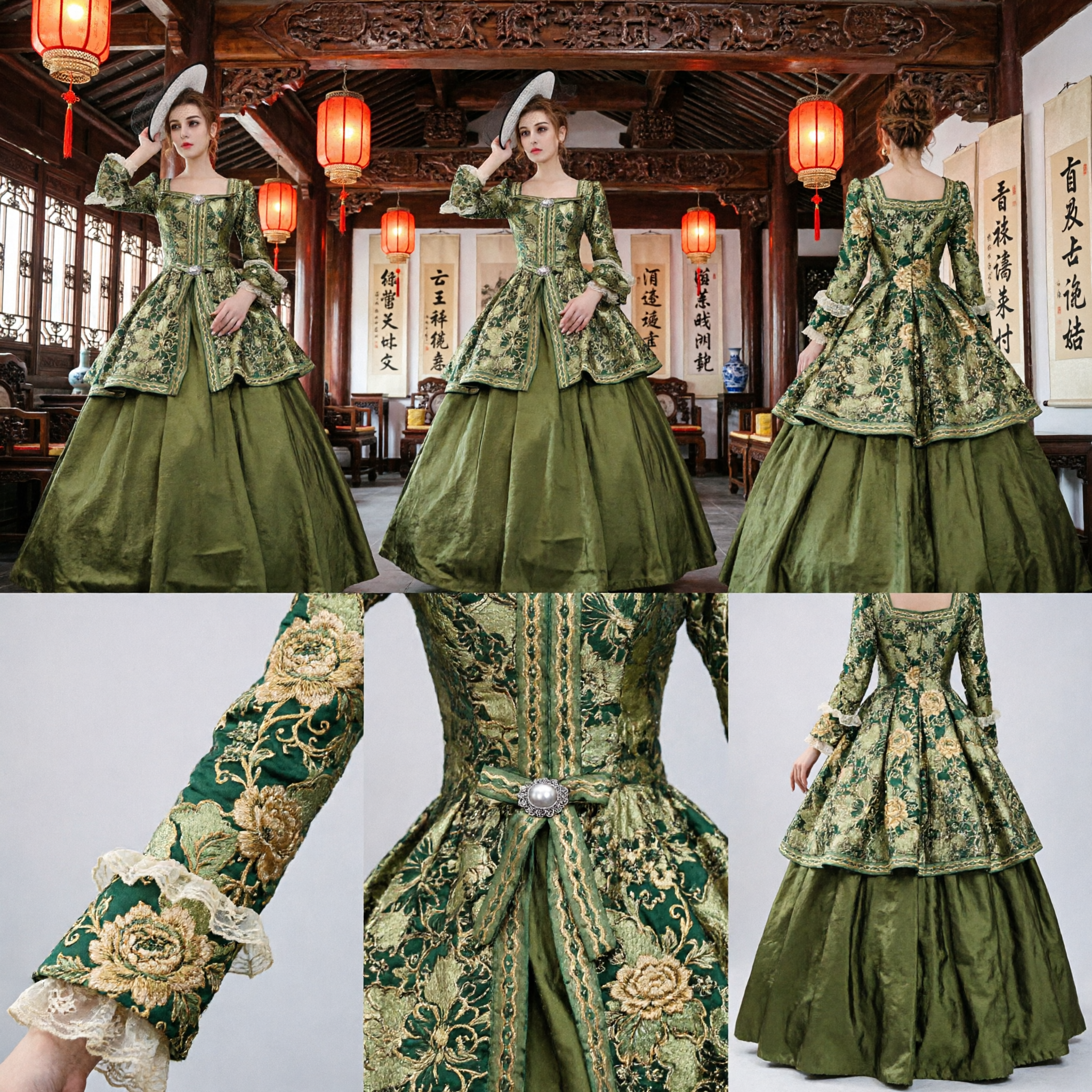 Women's Rococo Marie Antoinette Costume Dress Floral Print Baroque Gown with Hat for Halloween Cosplay