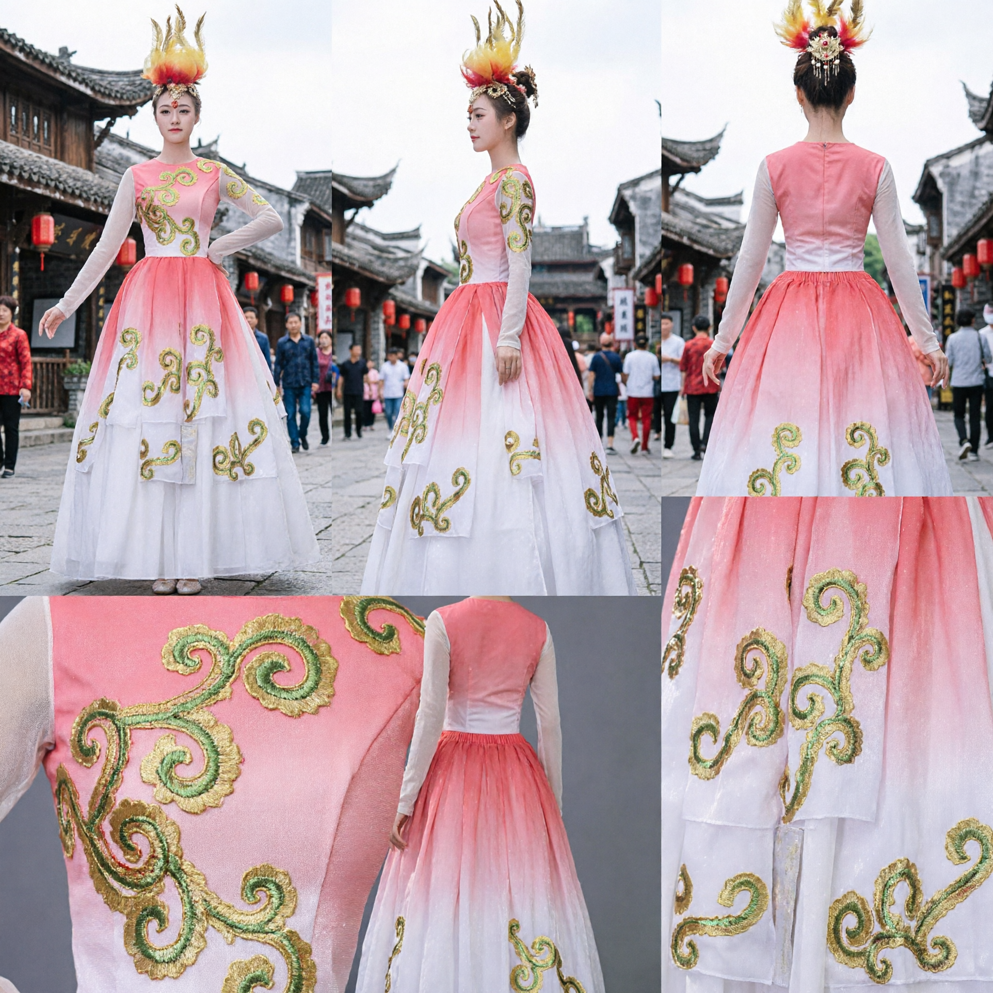 Women's Chinese Traditional Folk Dance Costume Pink Ombre Embroidered Dress for Stage Performance and Festivals