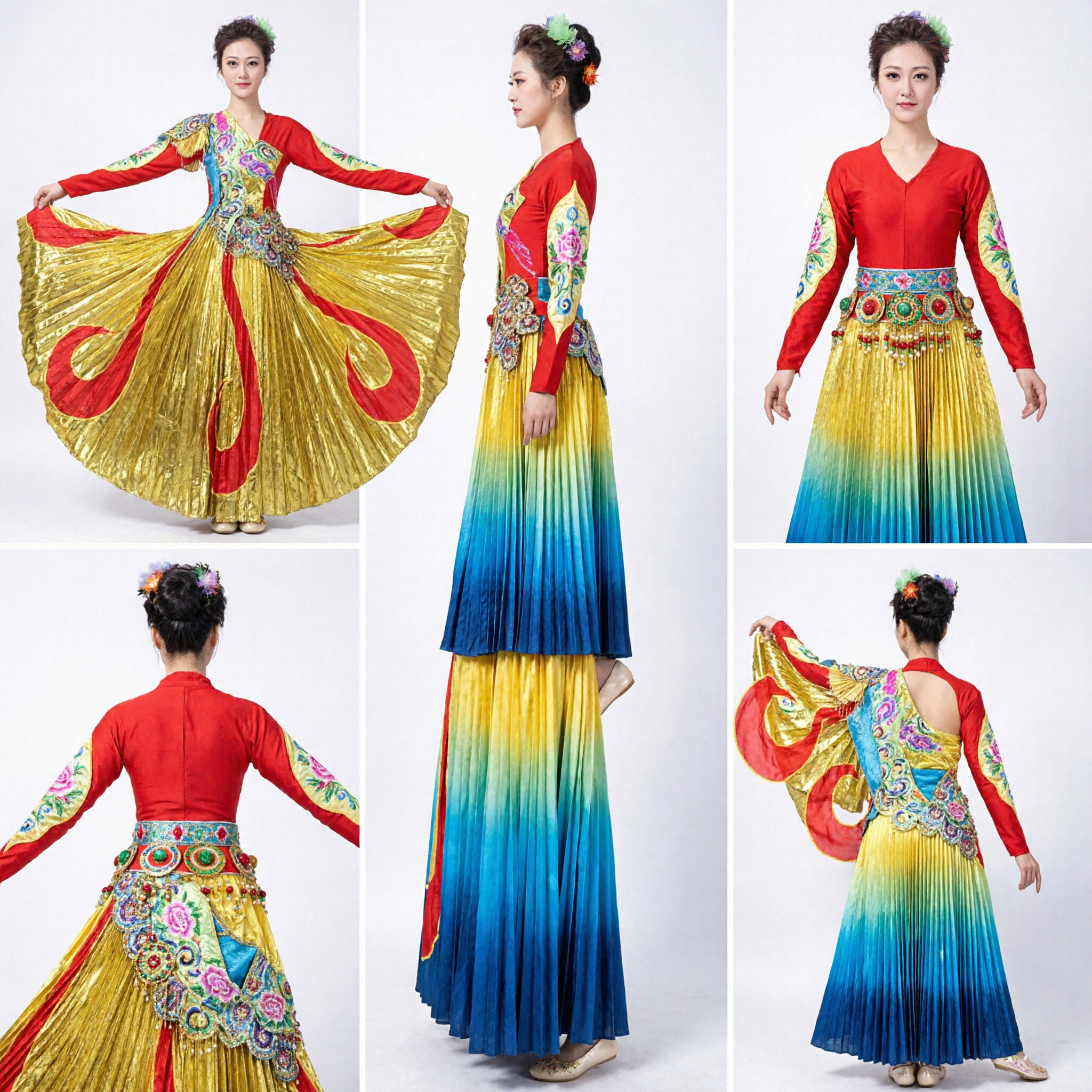 Traditional Chinese Dance Costume for Women Gold Red Embroidered Butterfly Skirt Yangge Folk Performance Dress