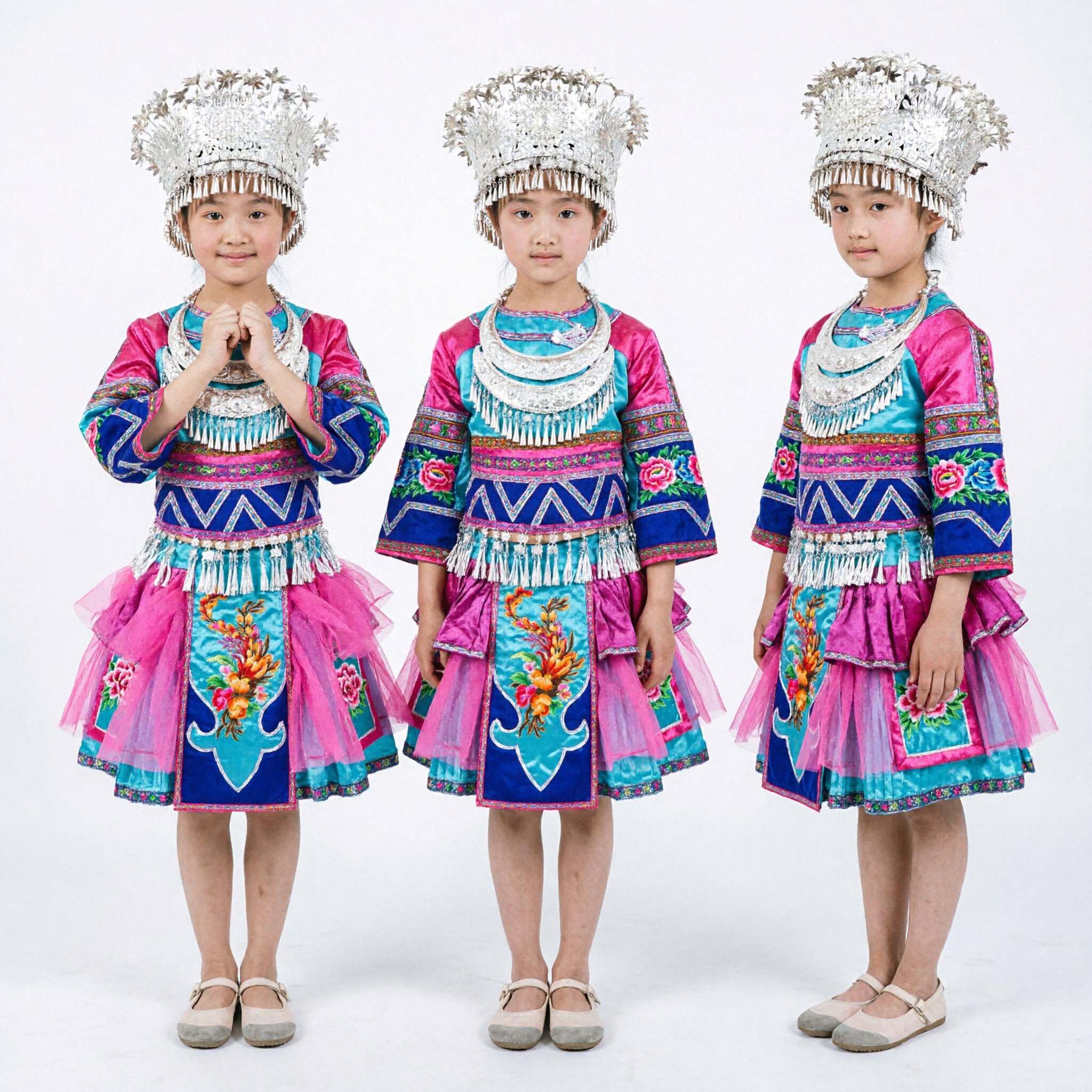 Kids Girls Traditional Chinese Miao Ethnic Minority Folk Dance Costume Pink Blue Silver Headdress Stage Performance Outfit